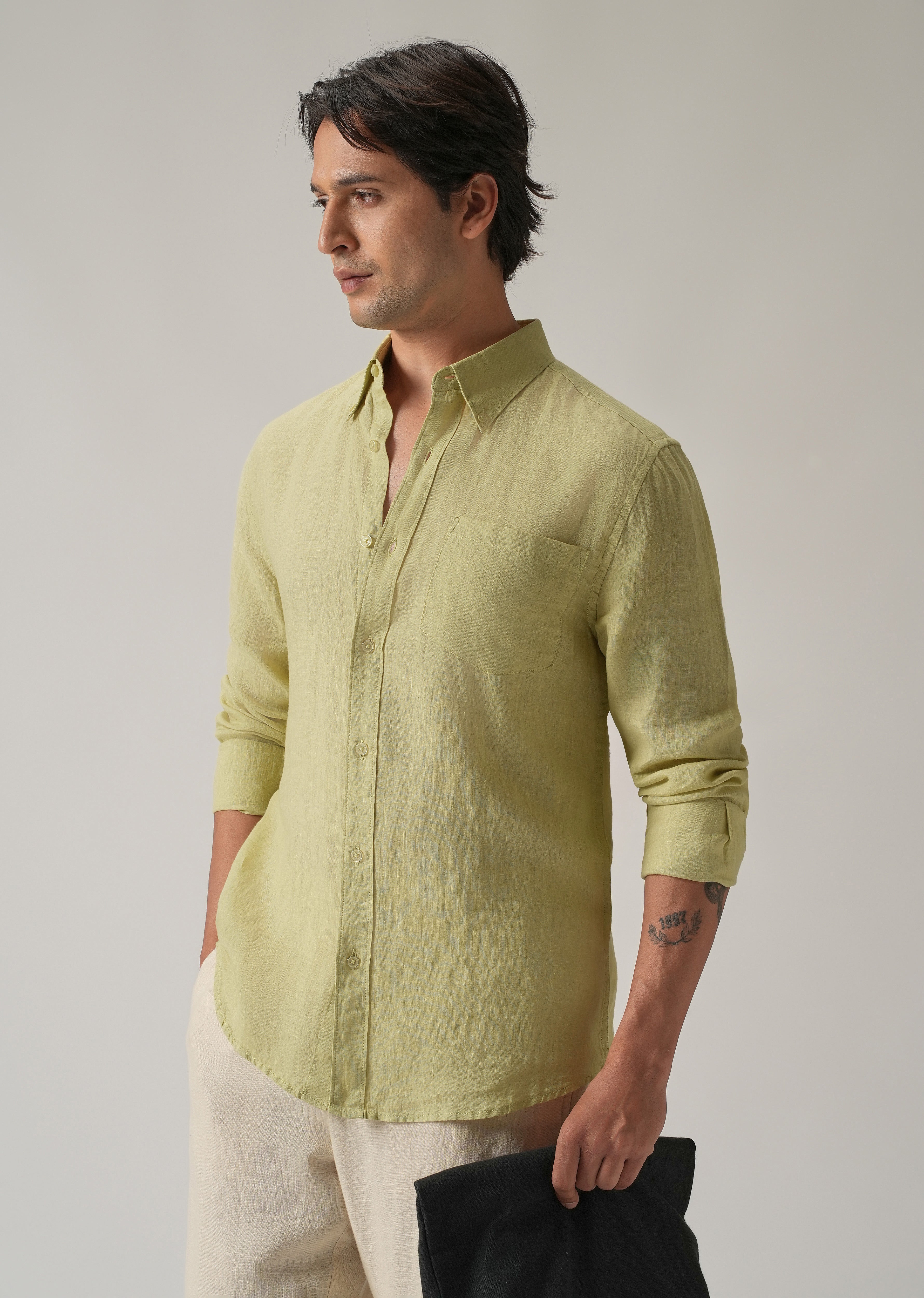 100% Pure Light Lemon Yellow Linen Shirt - Main Image