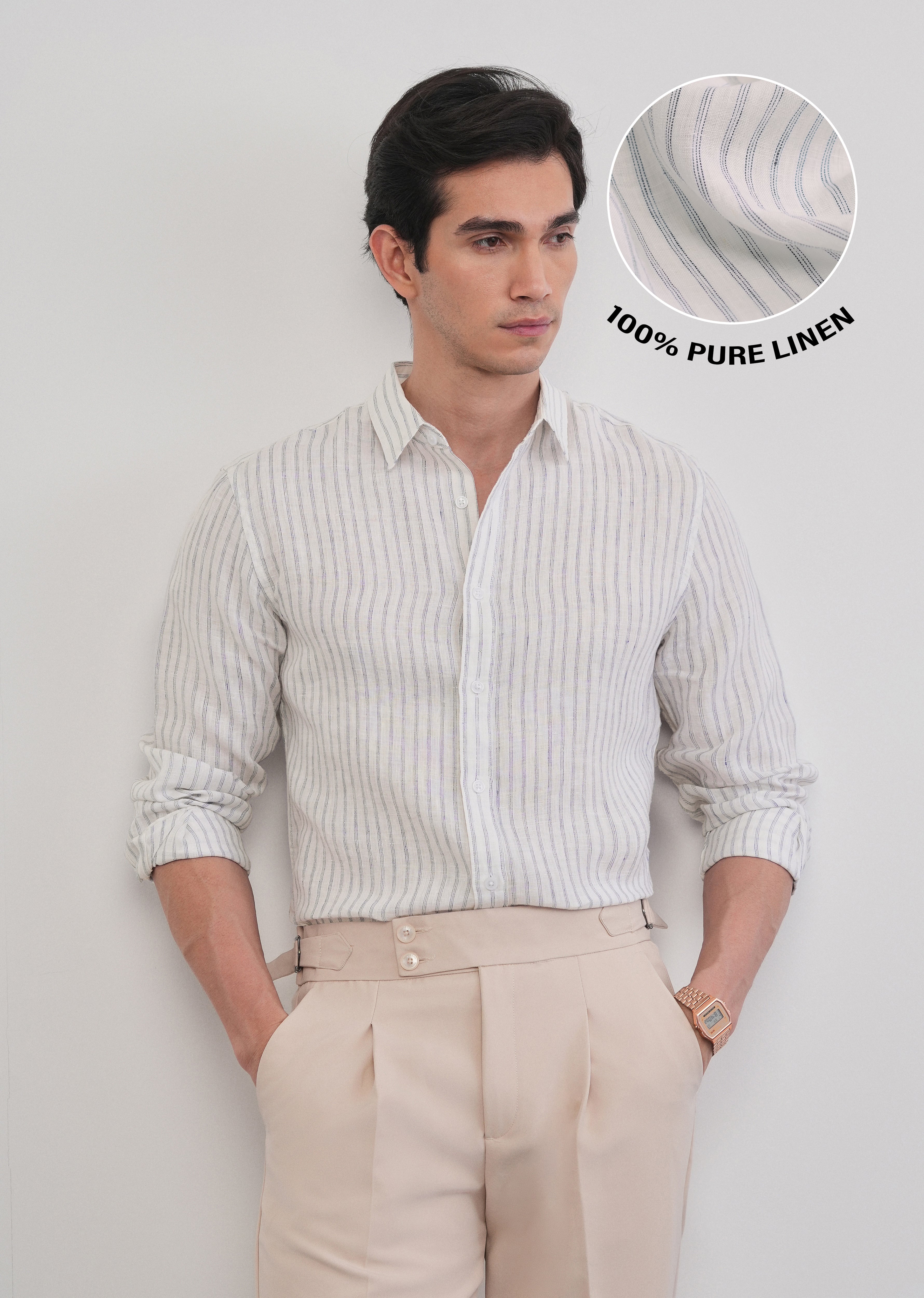 100% Linen Off-White Self-Stripe Shirt