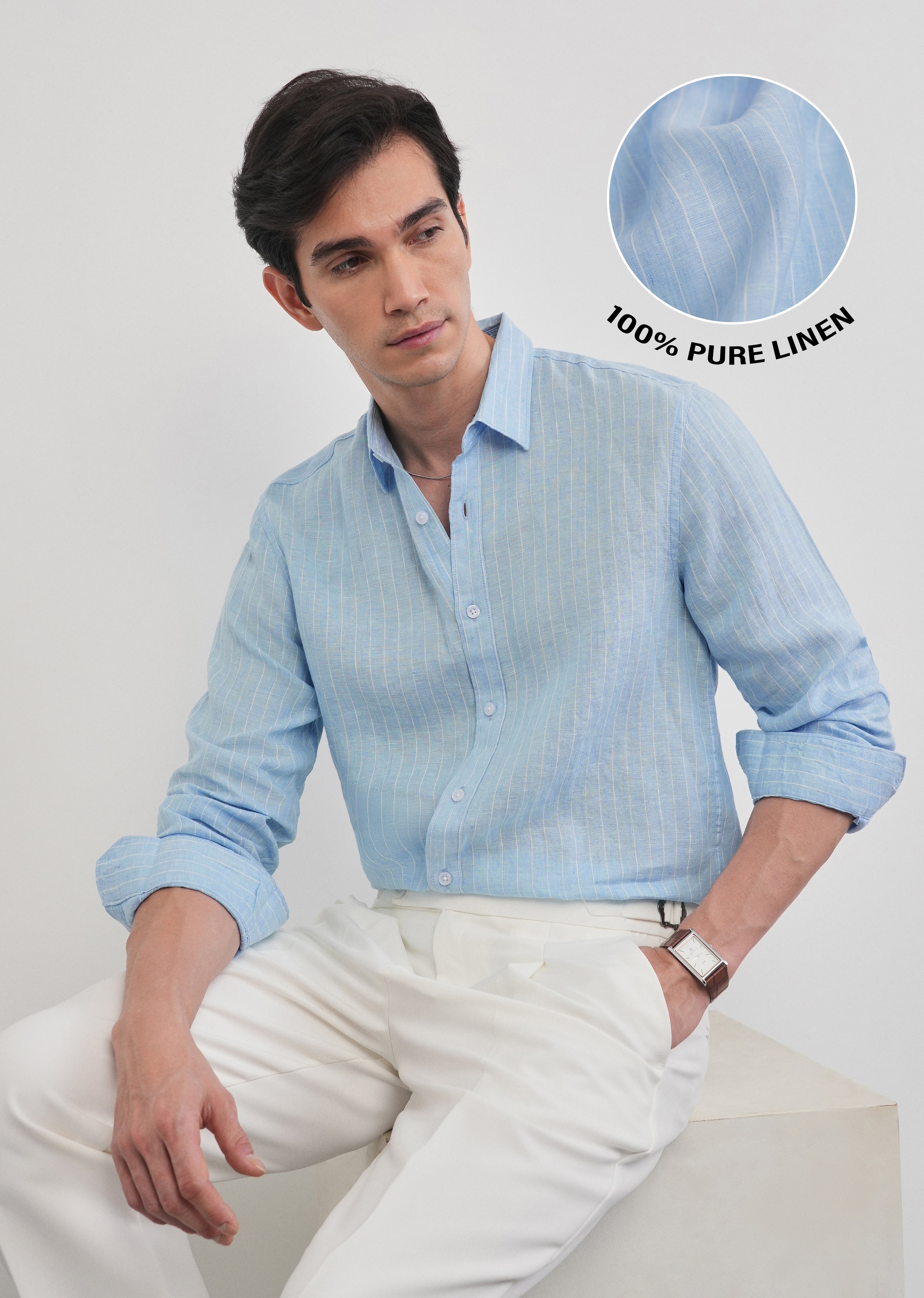 100% Linen Sky Blue Stripe Shirt