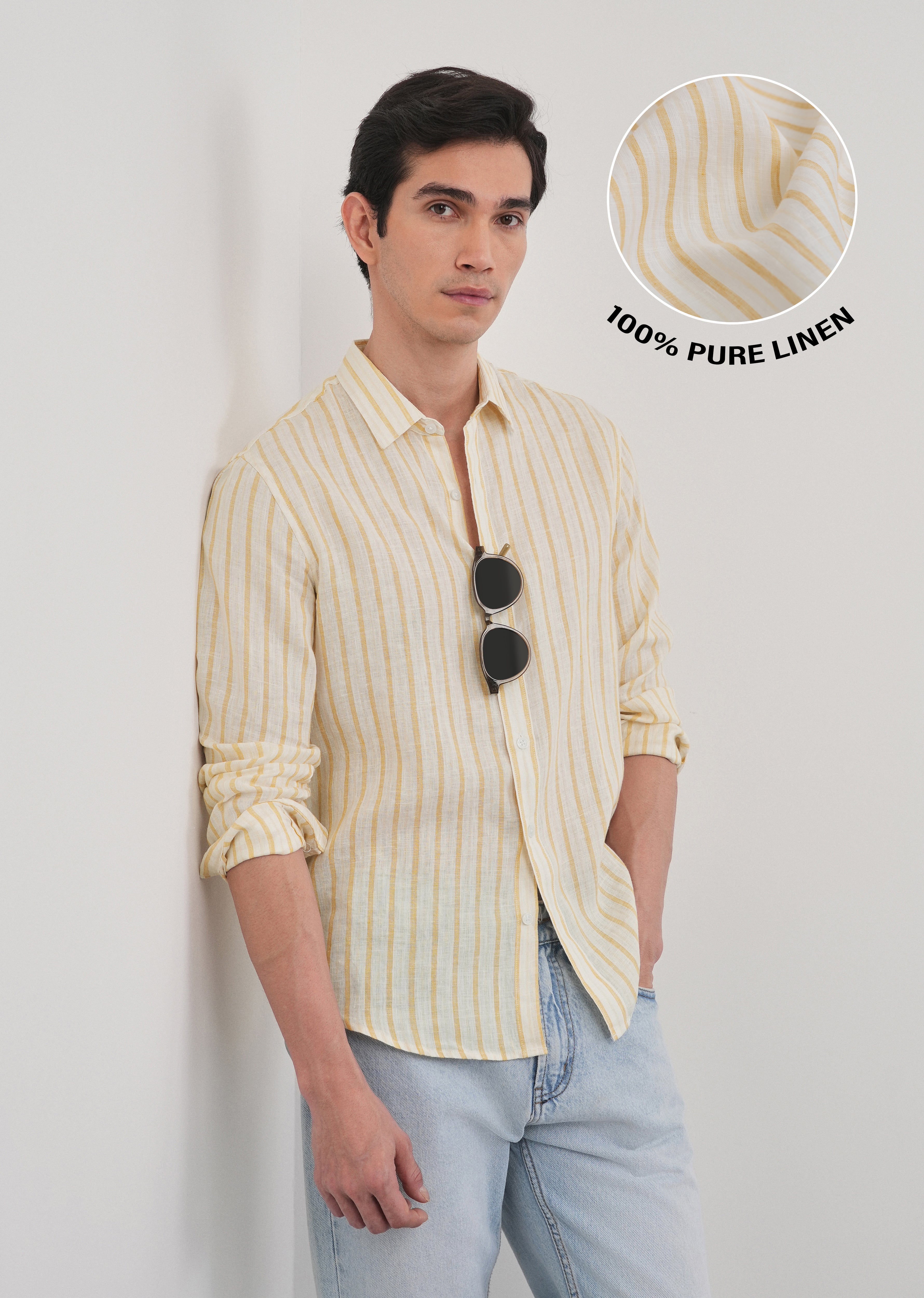 100% Linen Yellow Self-Stripe Shirt