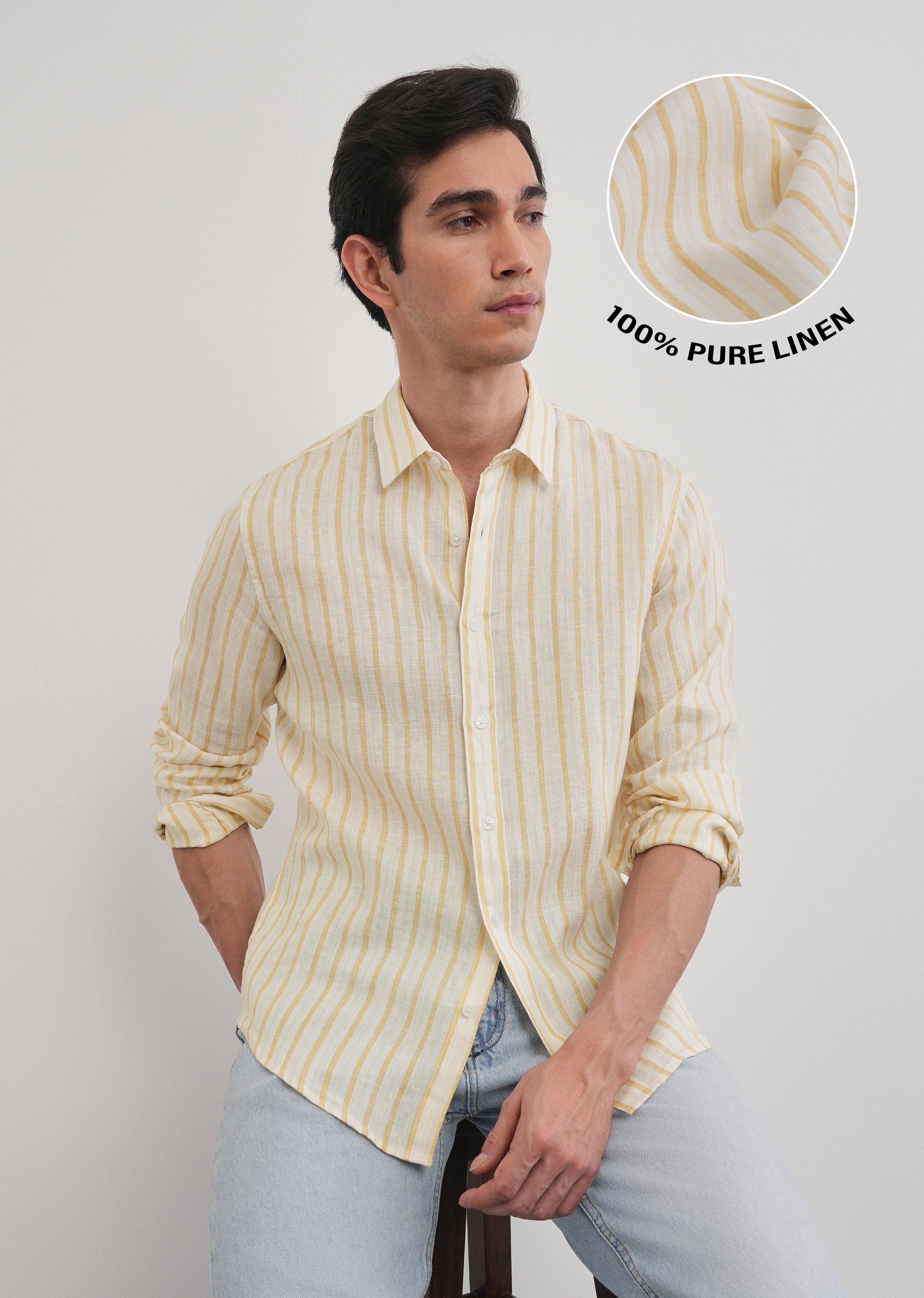 100% Linen Yellow Self-Stripe Shirt