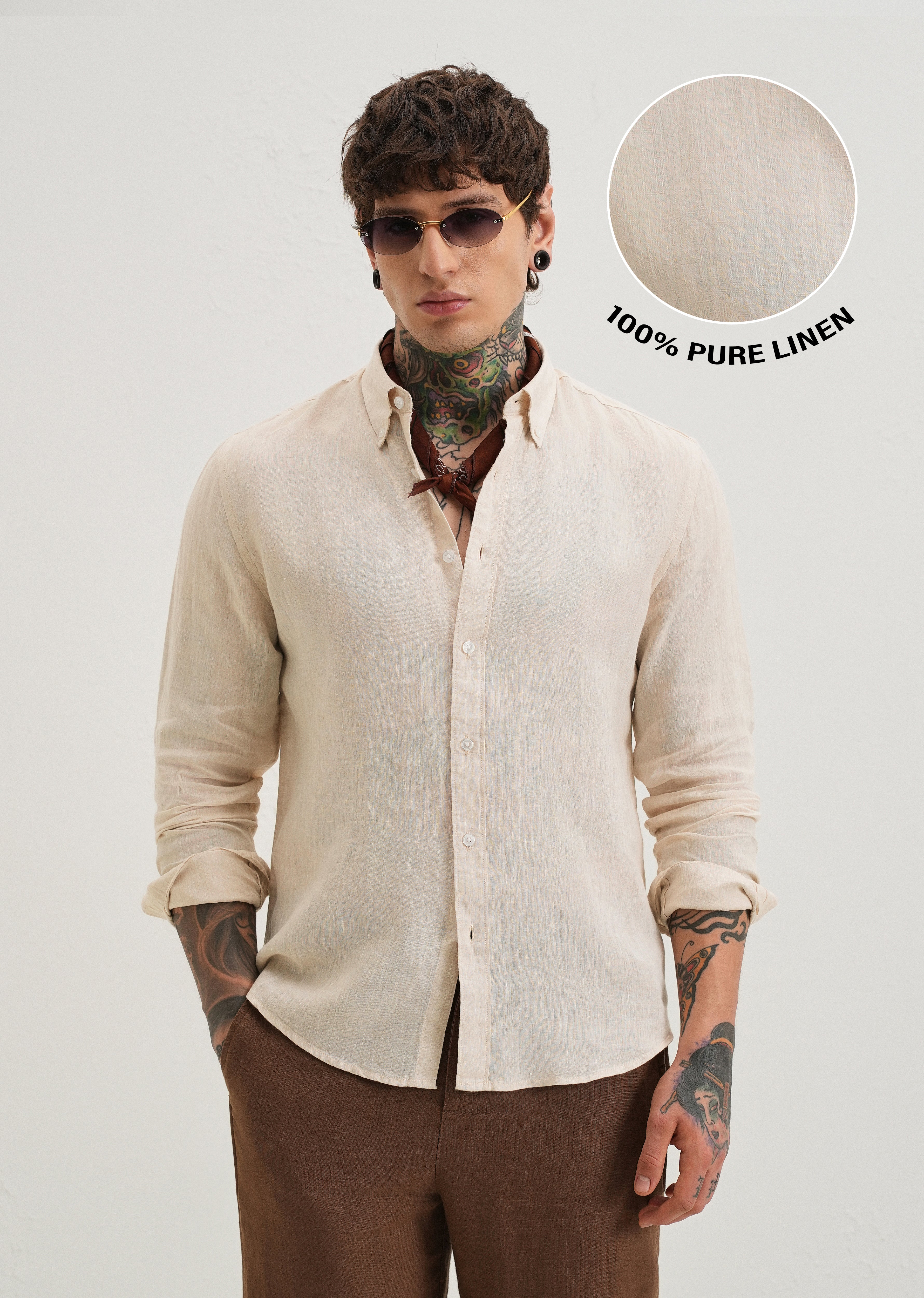 100% Pure Irish Sepia Beige Linen Shirt