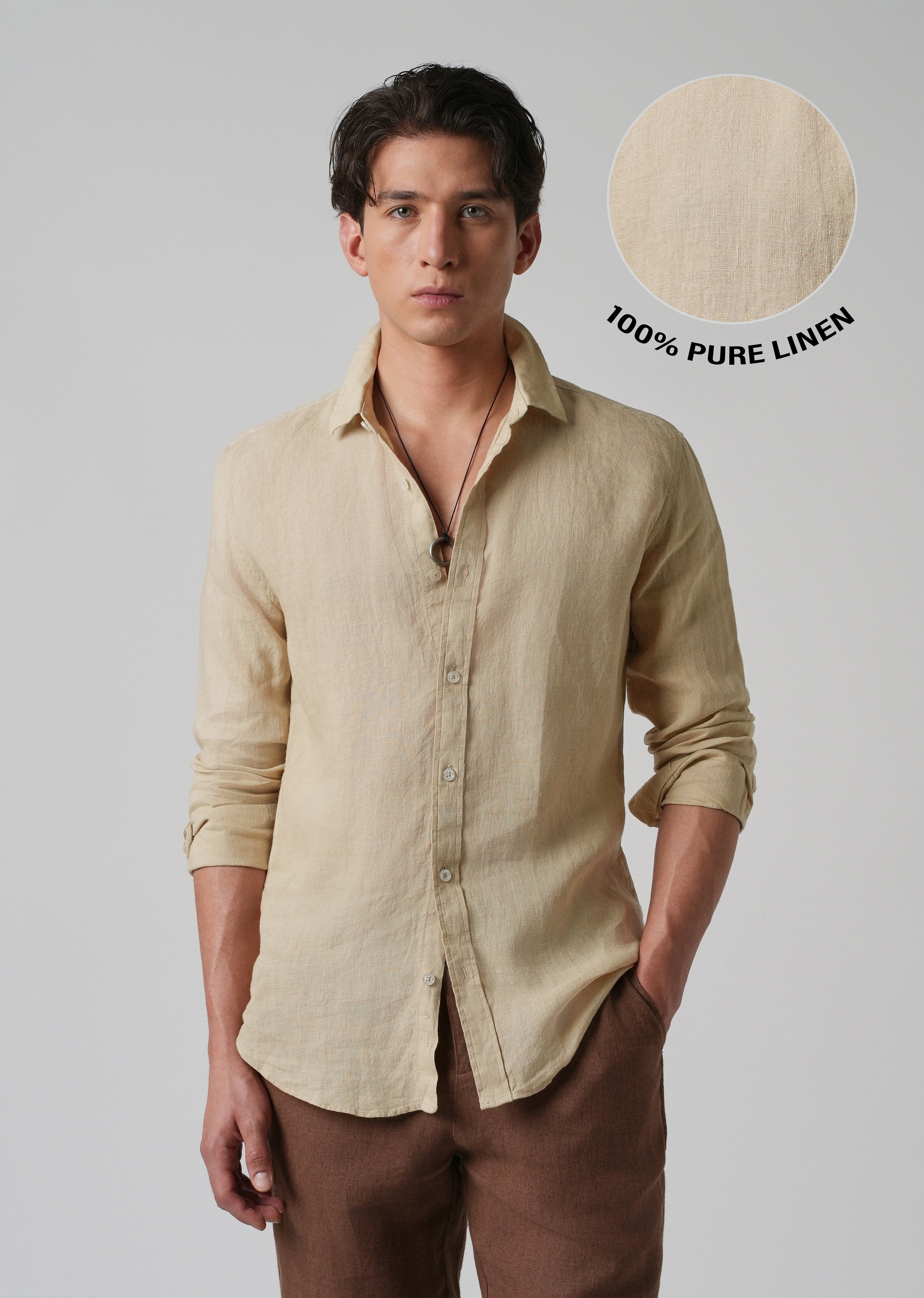100% Pure Oak Beige Linen Shirt