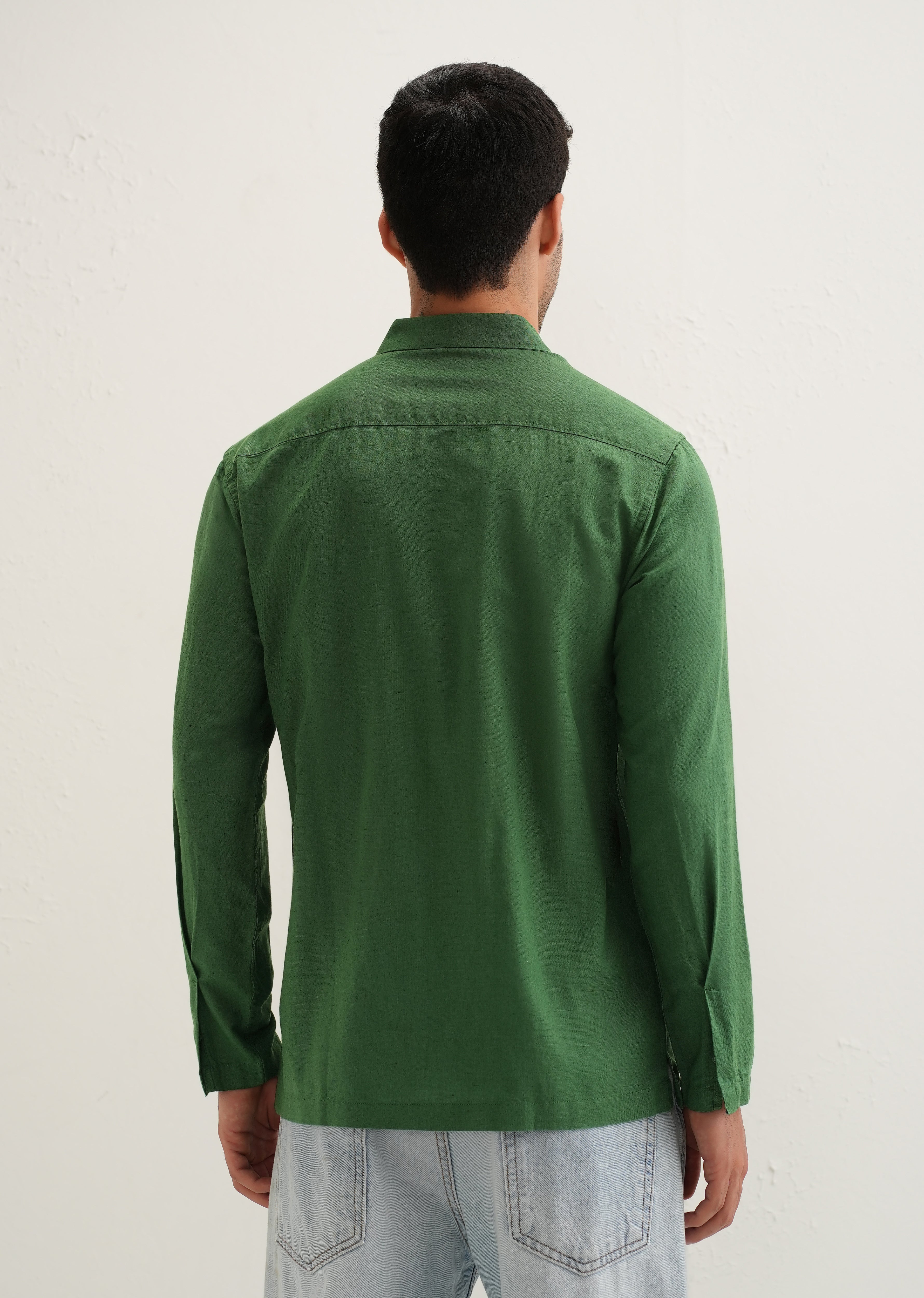 Green Hidden Sleeve Placket Cotton Linen Shirt