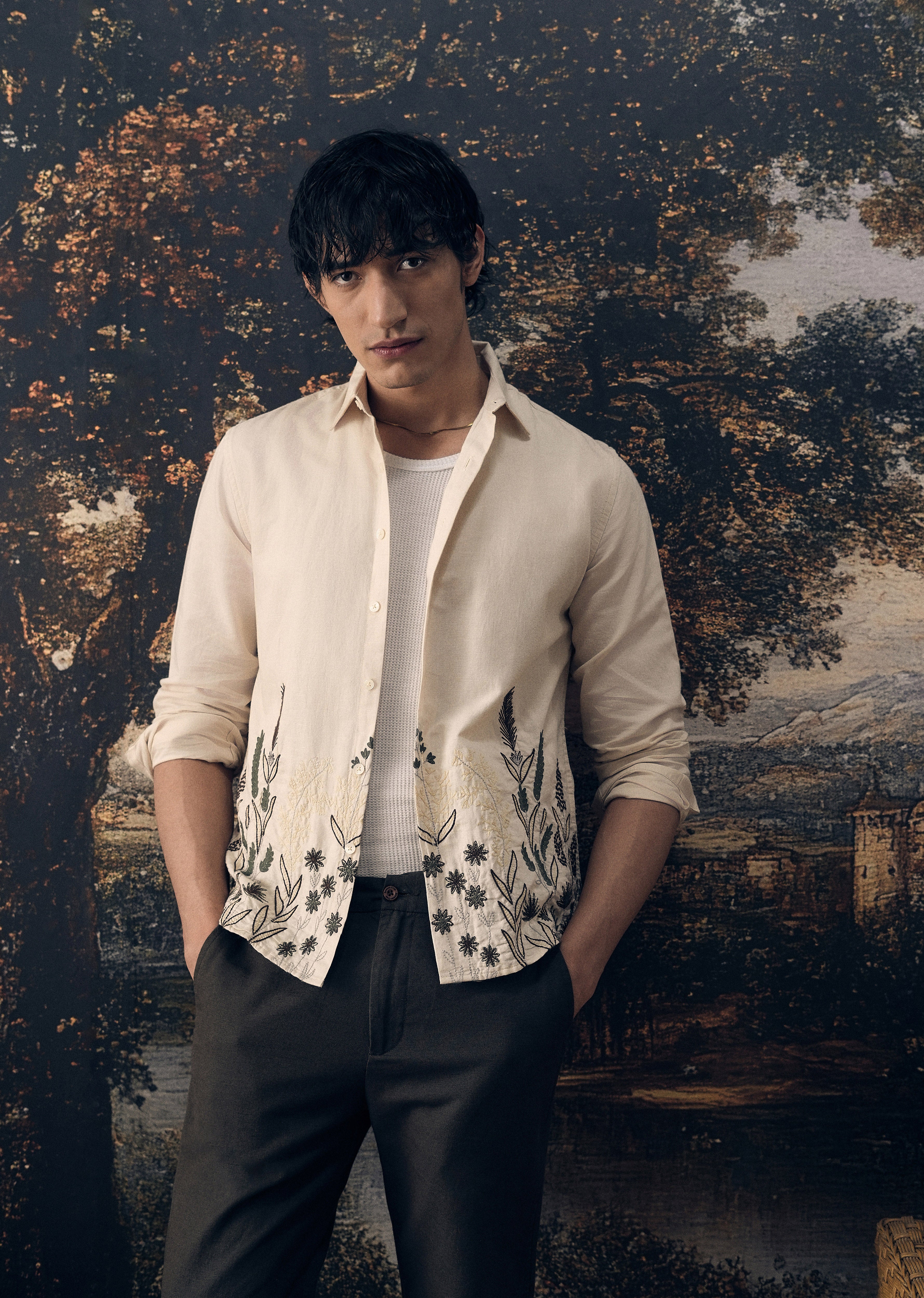 Beige Hem Embroidery Cotton Linen Shirt