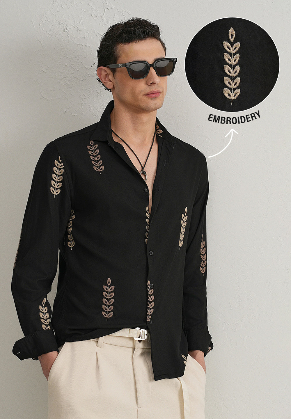 Black Leaf Embroidery Shirt