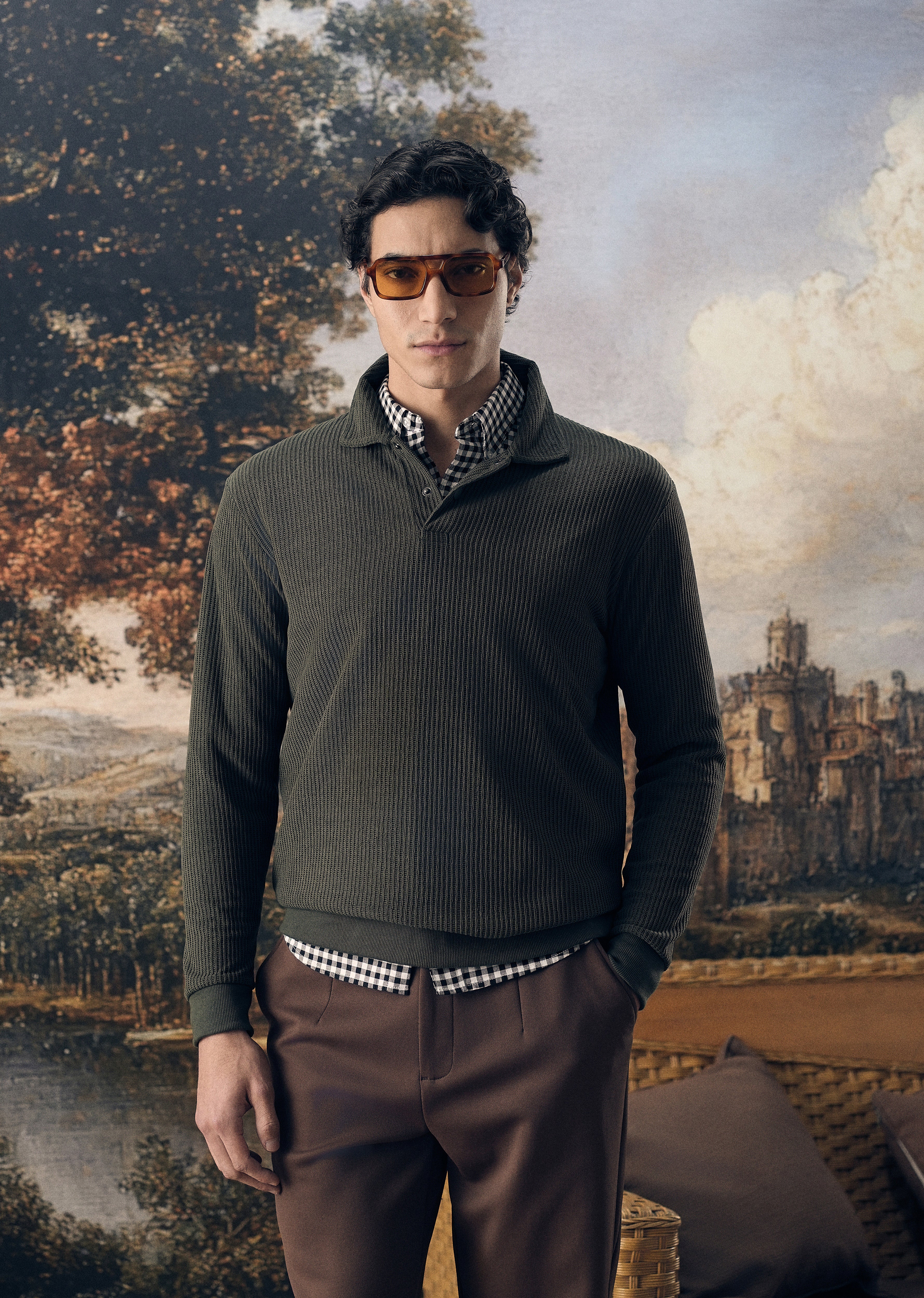 Olive Green Waffle Knit Polo Sweatshirt