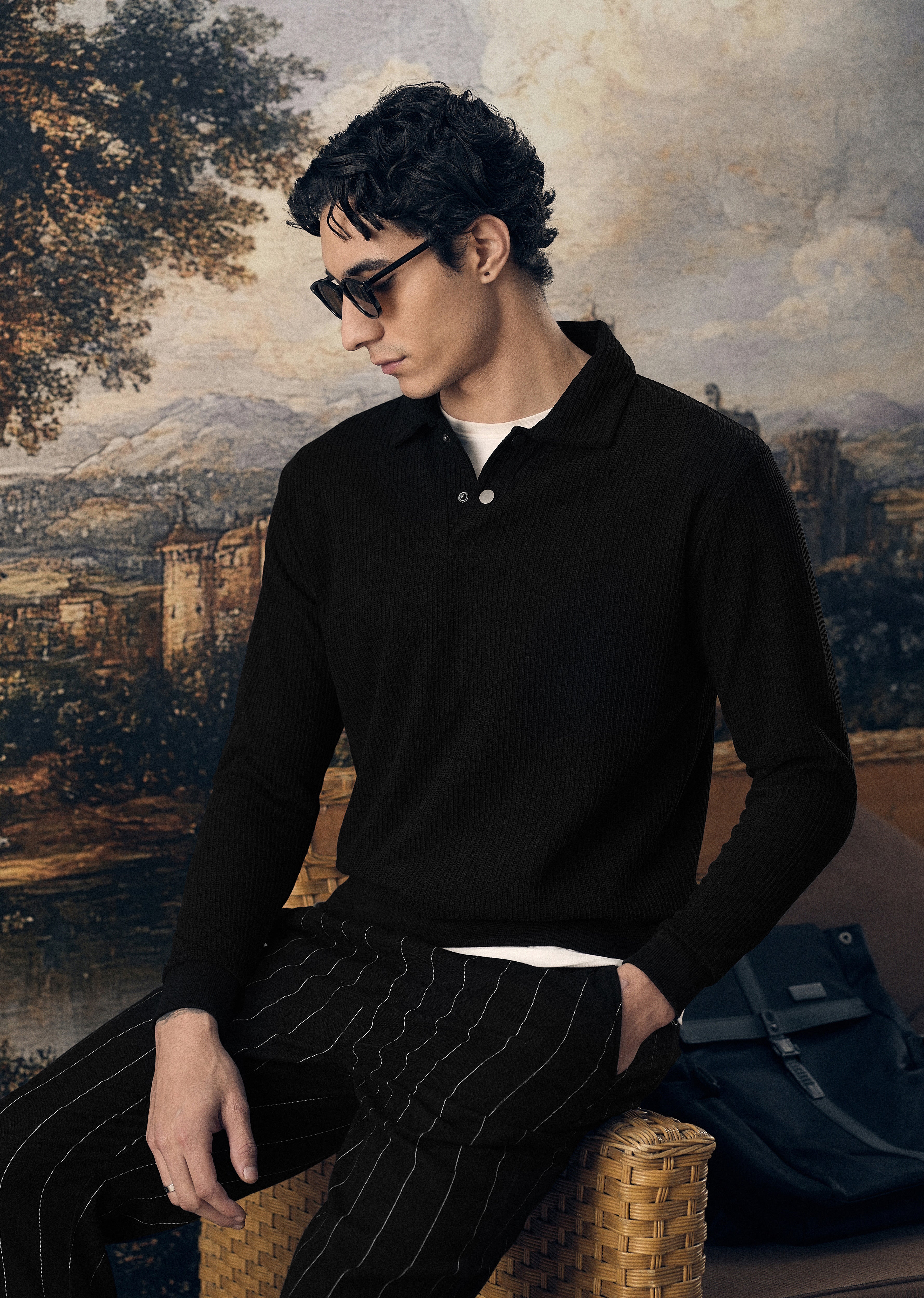 Black Waffle Knit Polo Sweatshirt