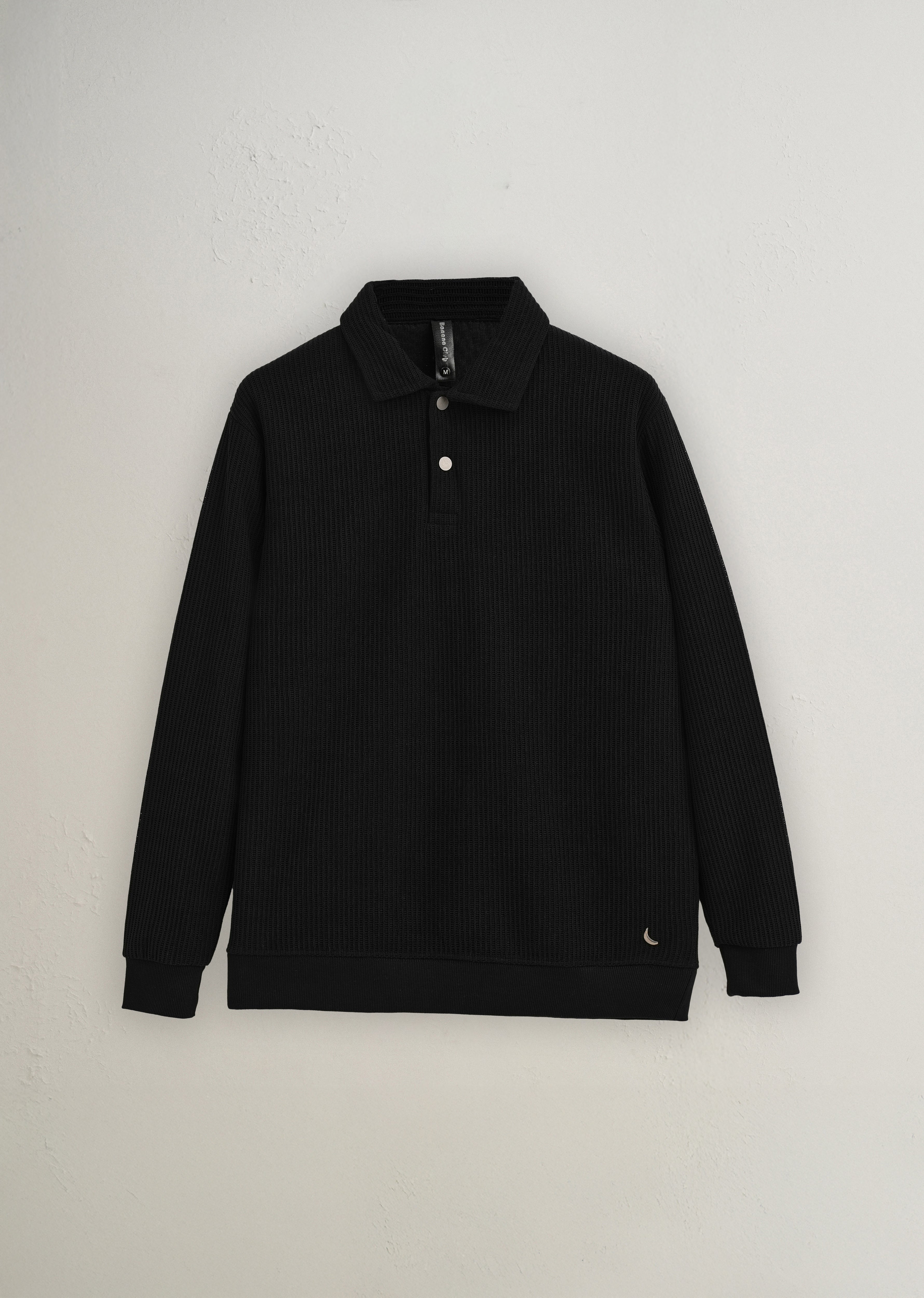 Black Waffle Knit Polo Sweatshirt