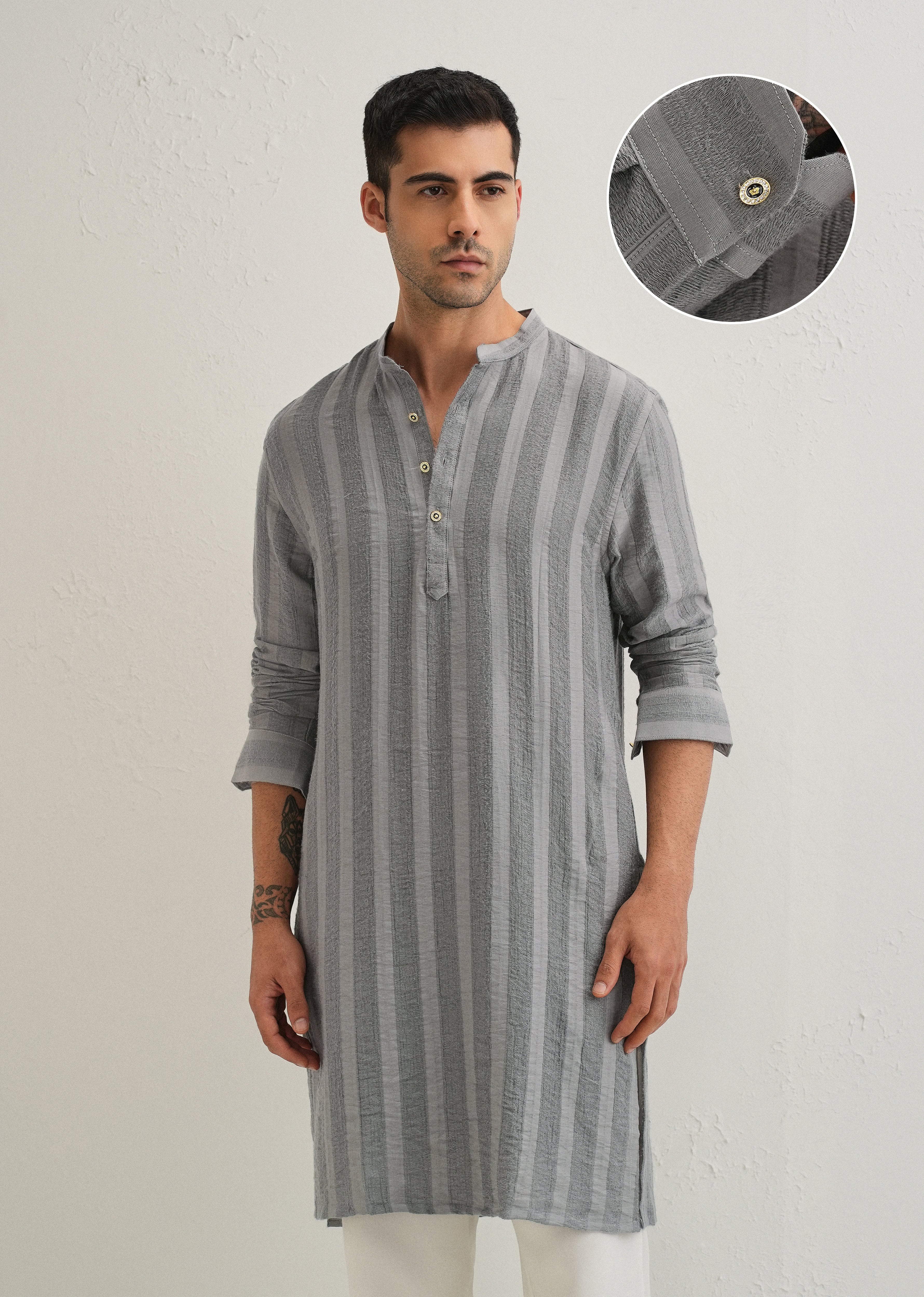 Grey Textured Vertical Stripe Kurta