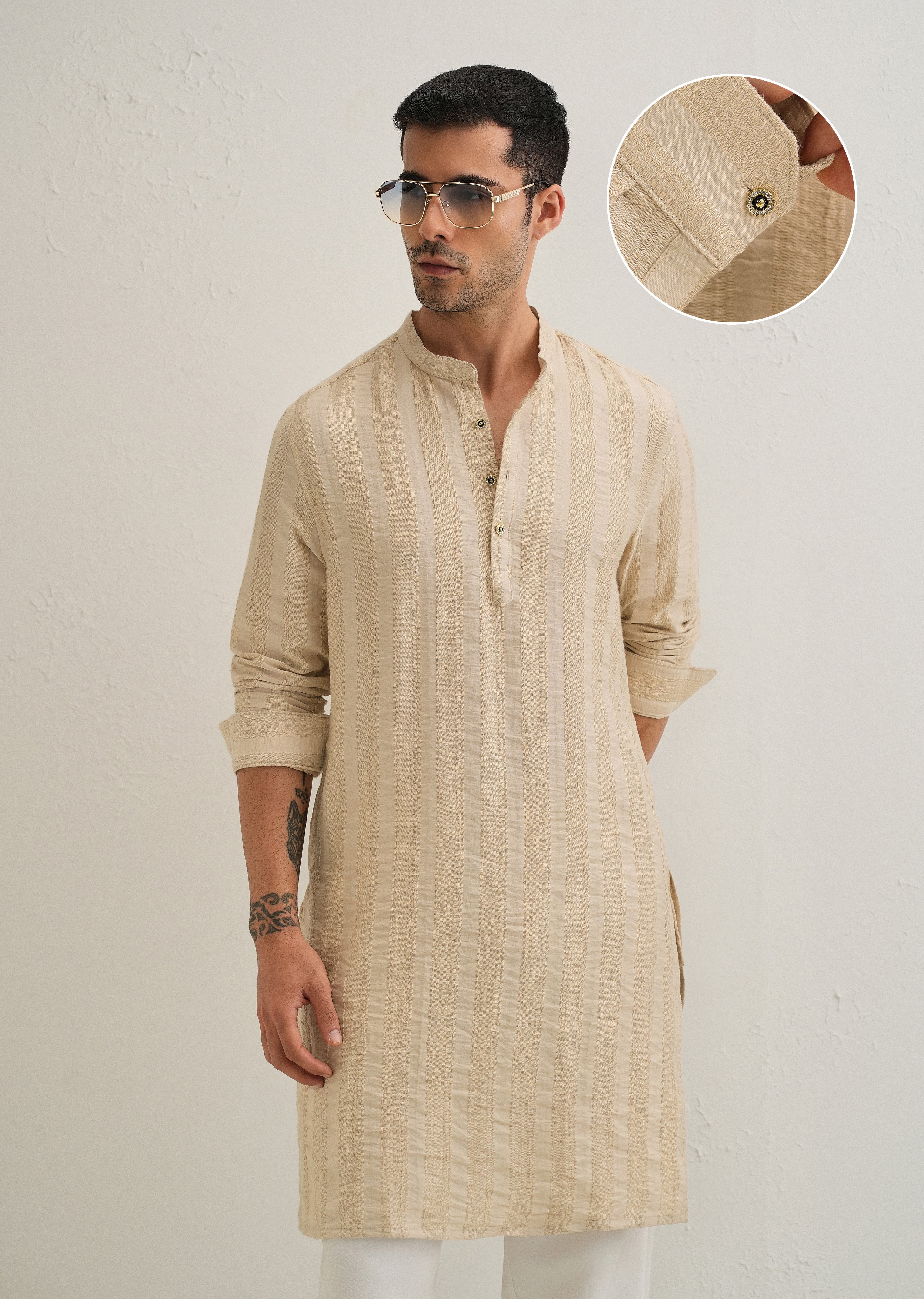 Beige Textured Vertical Stripe Kurta