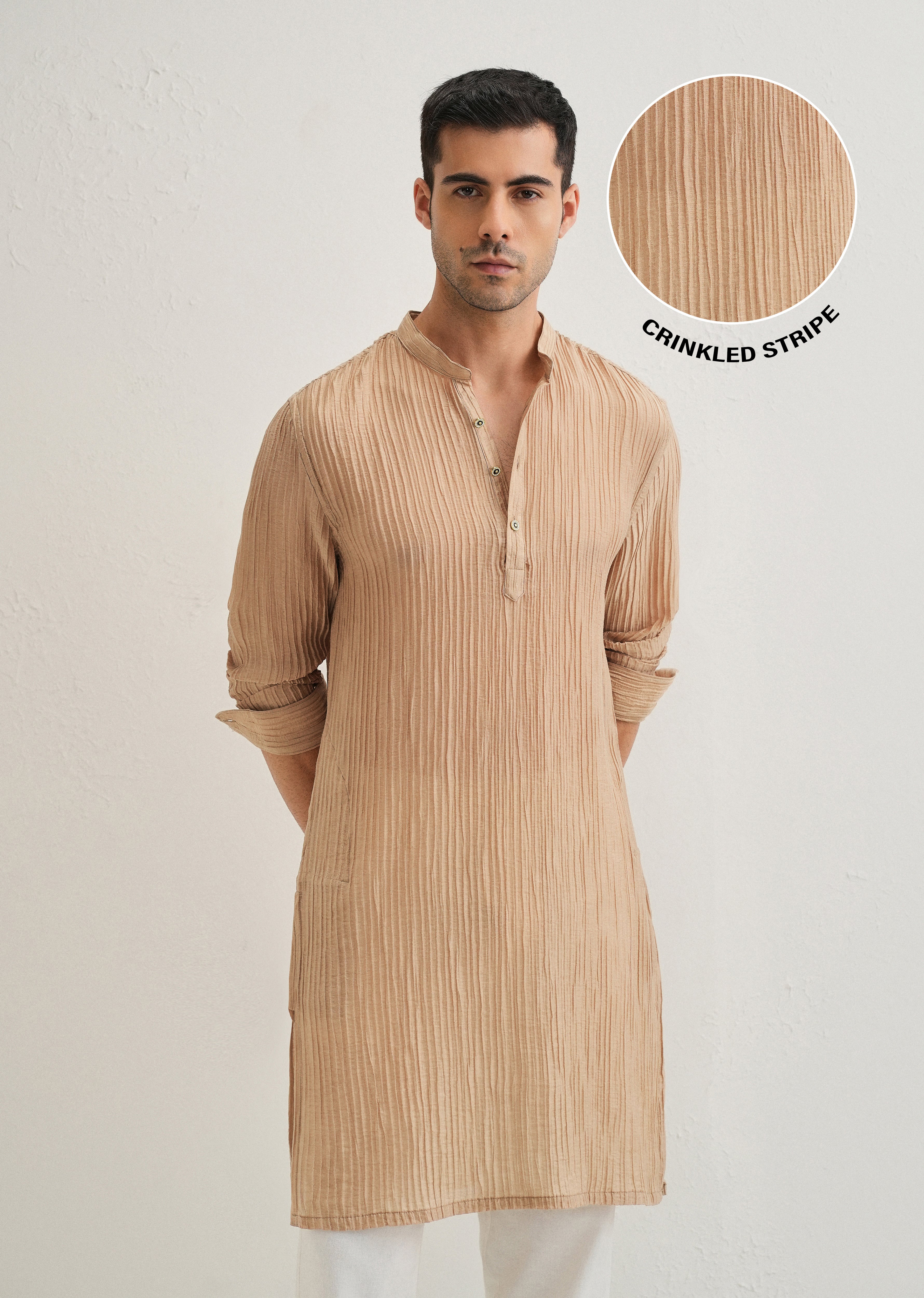 Sand Brown Crinkled Stripe Kurta
