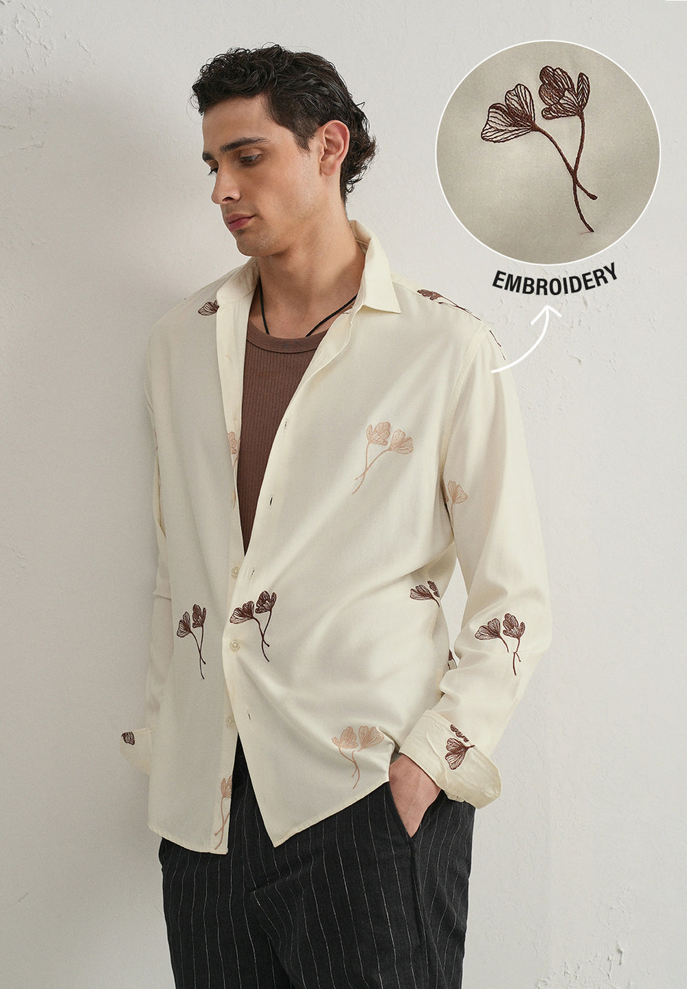 Cream Floral Motif Embroidery Shirt
