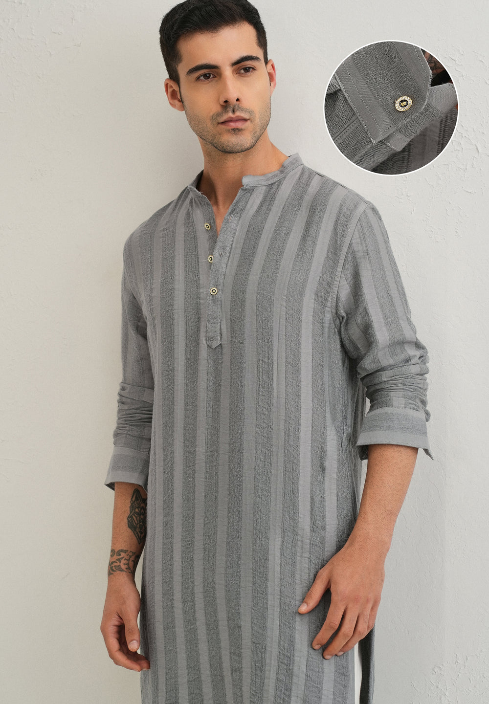 Grey Textured Vertical Stripe Kurta