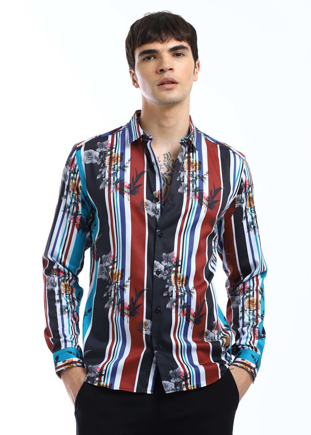 Blue Floral Striped Printed Shirt