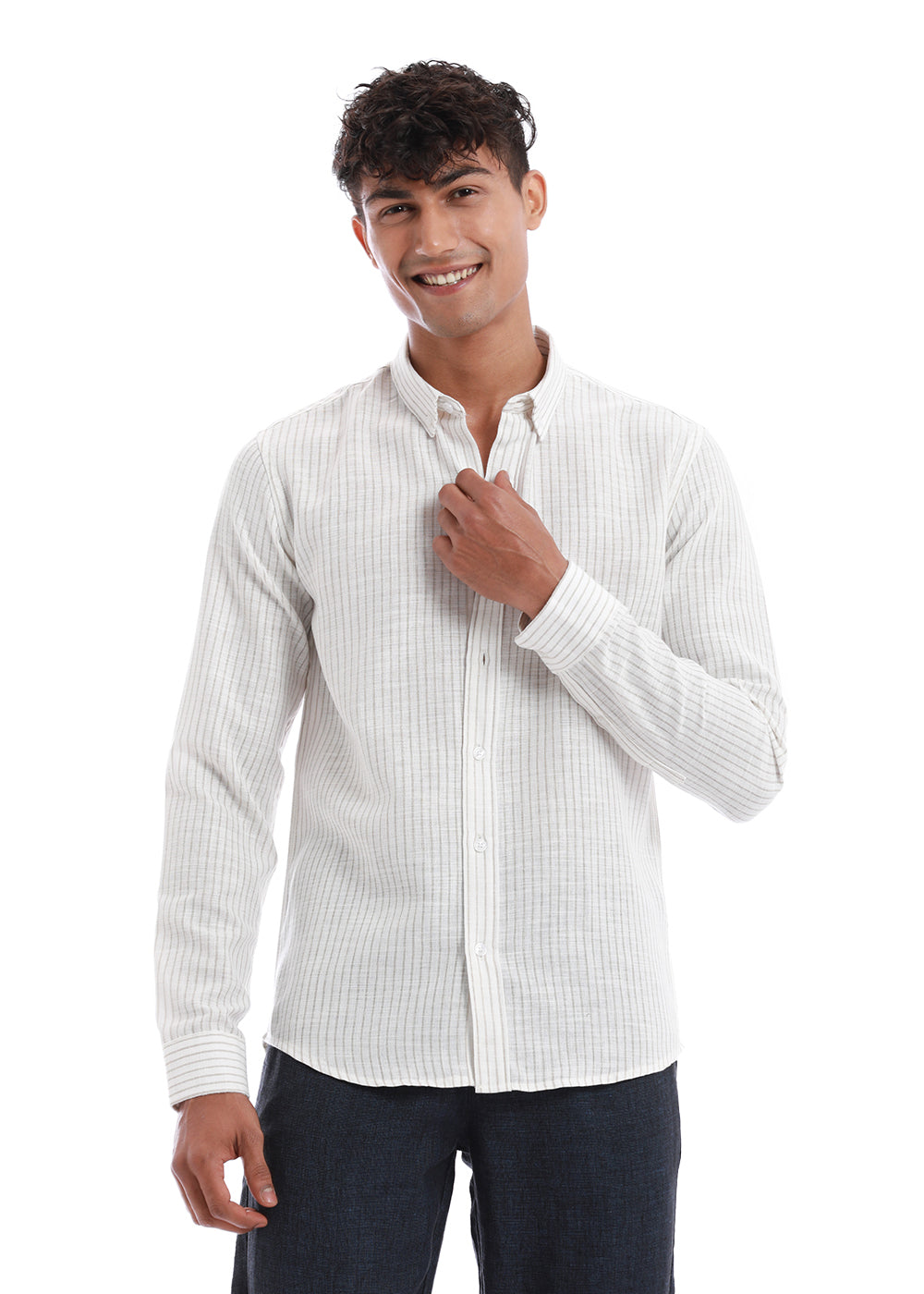Elegant khaki Stripe Blended Linen shirt