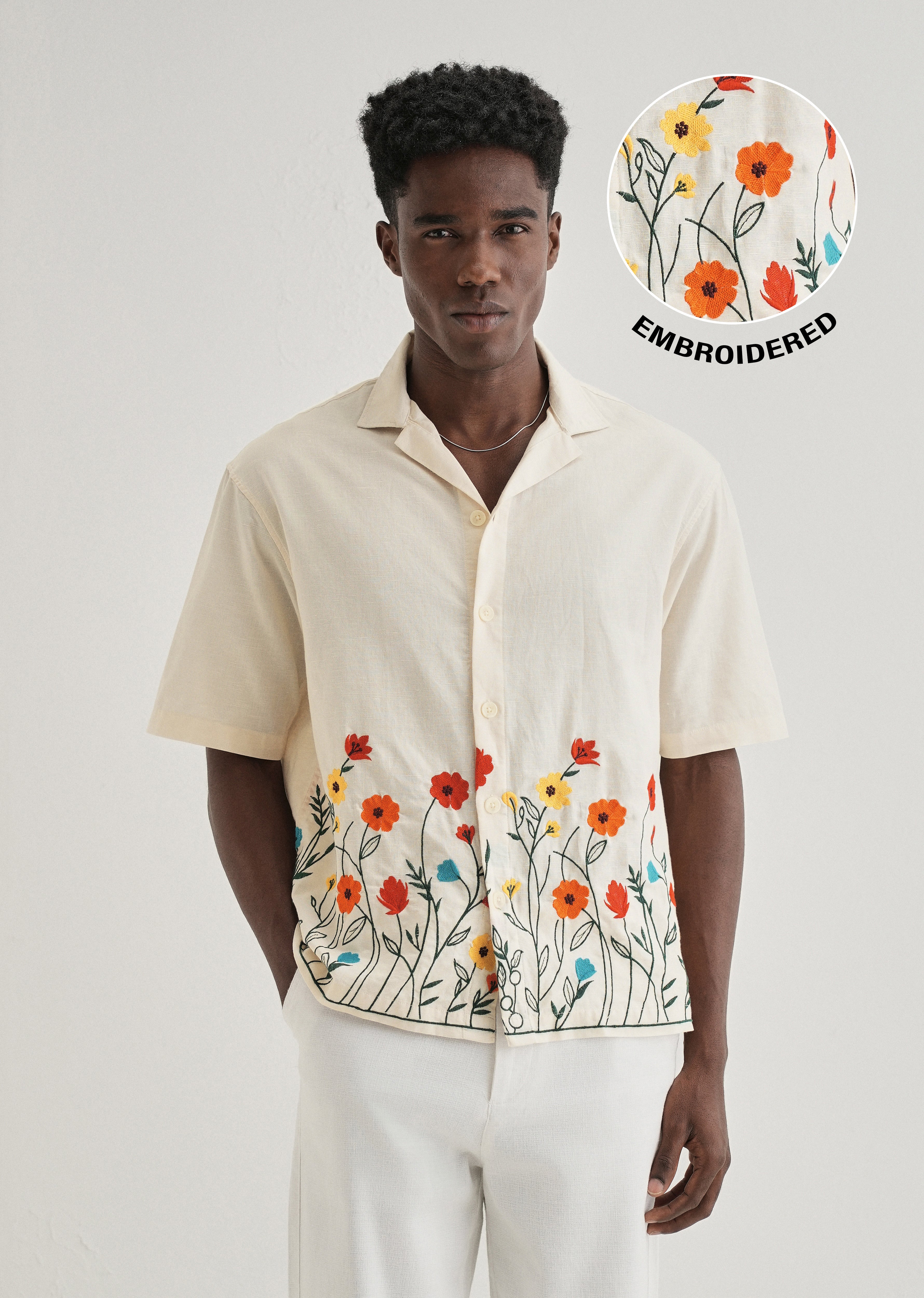 Cream Embroidered Cotton Linen Shirt