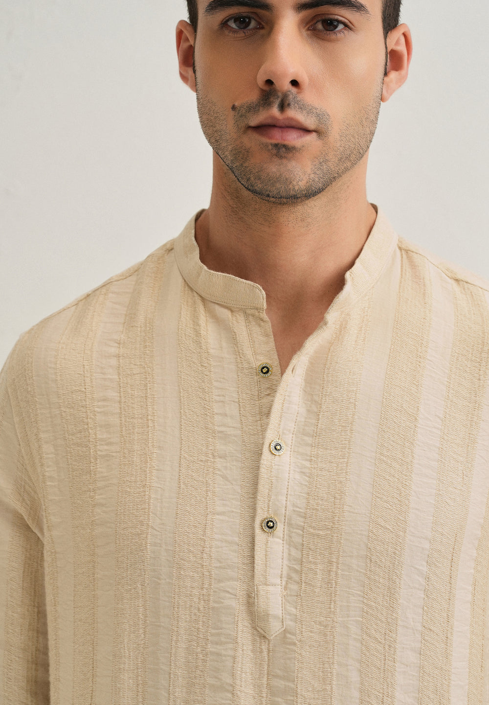 Beige Textured Vertical Stripe Kurta