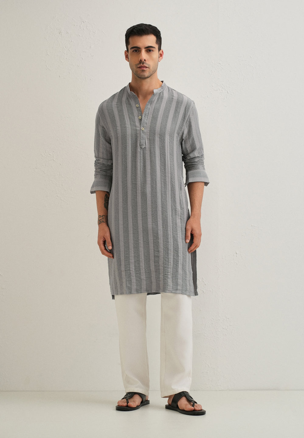 Grey Textured Vertical Stripe Kurta