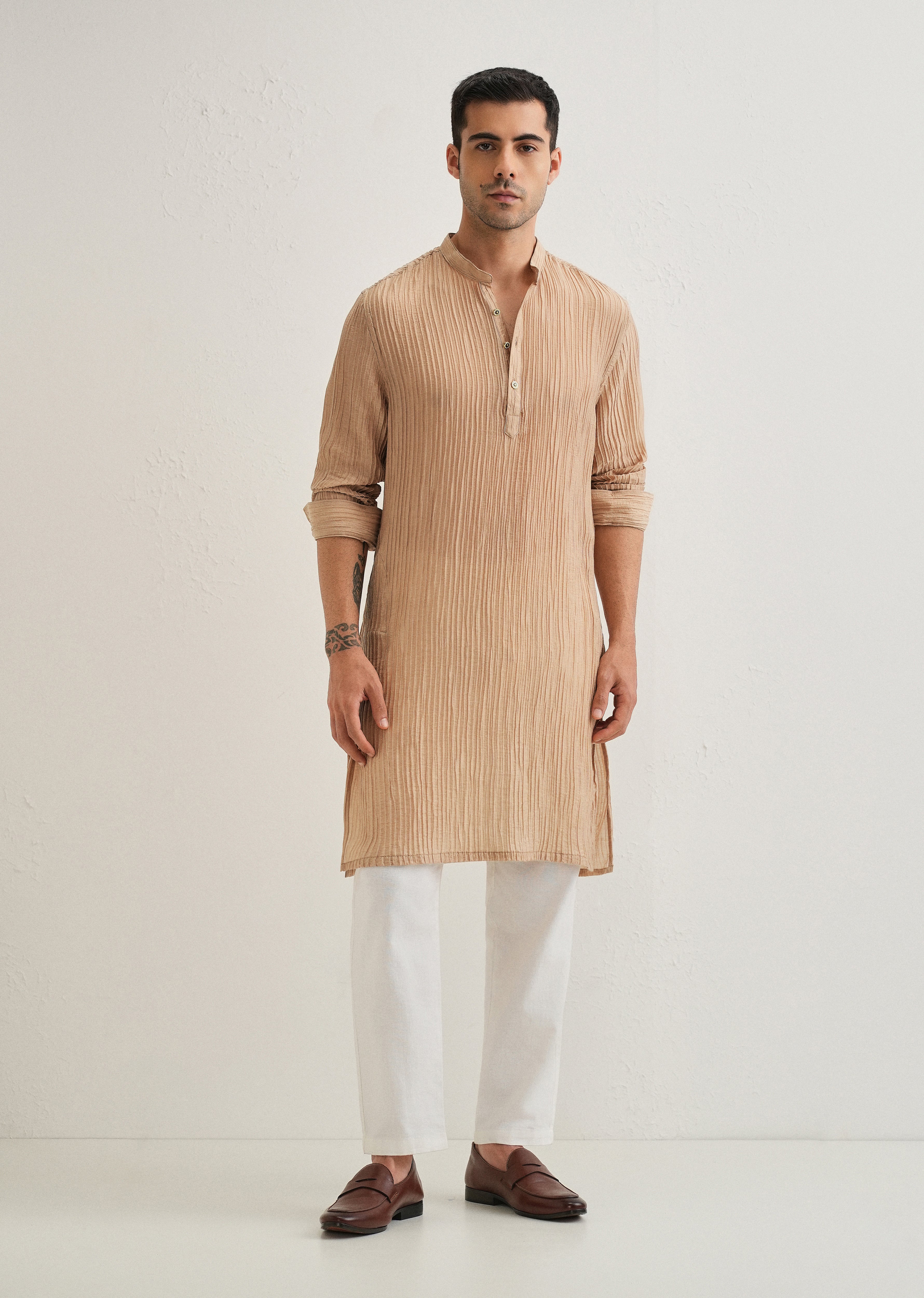Sand Brown Crinkled Stripe Kurta