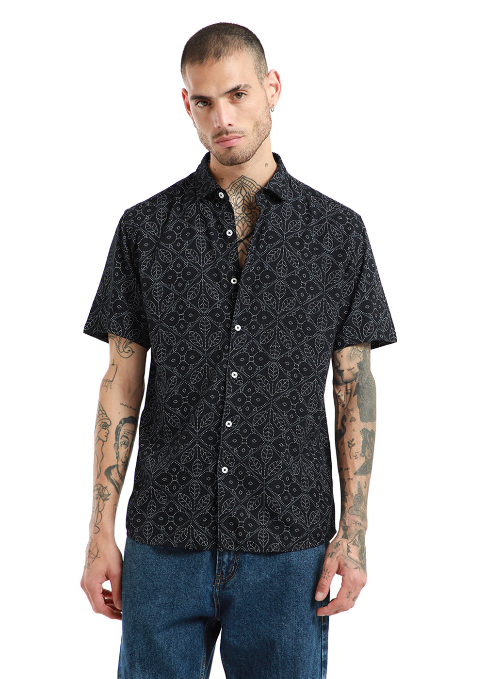 Emblematic Black Leaf Print Half Sleeve Shirt
