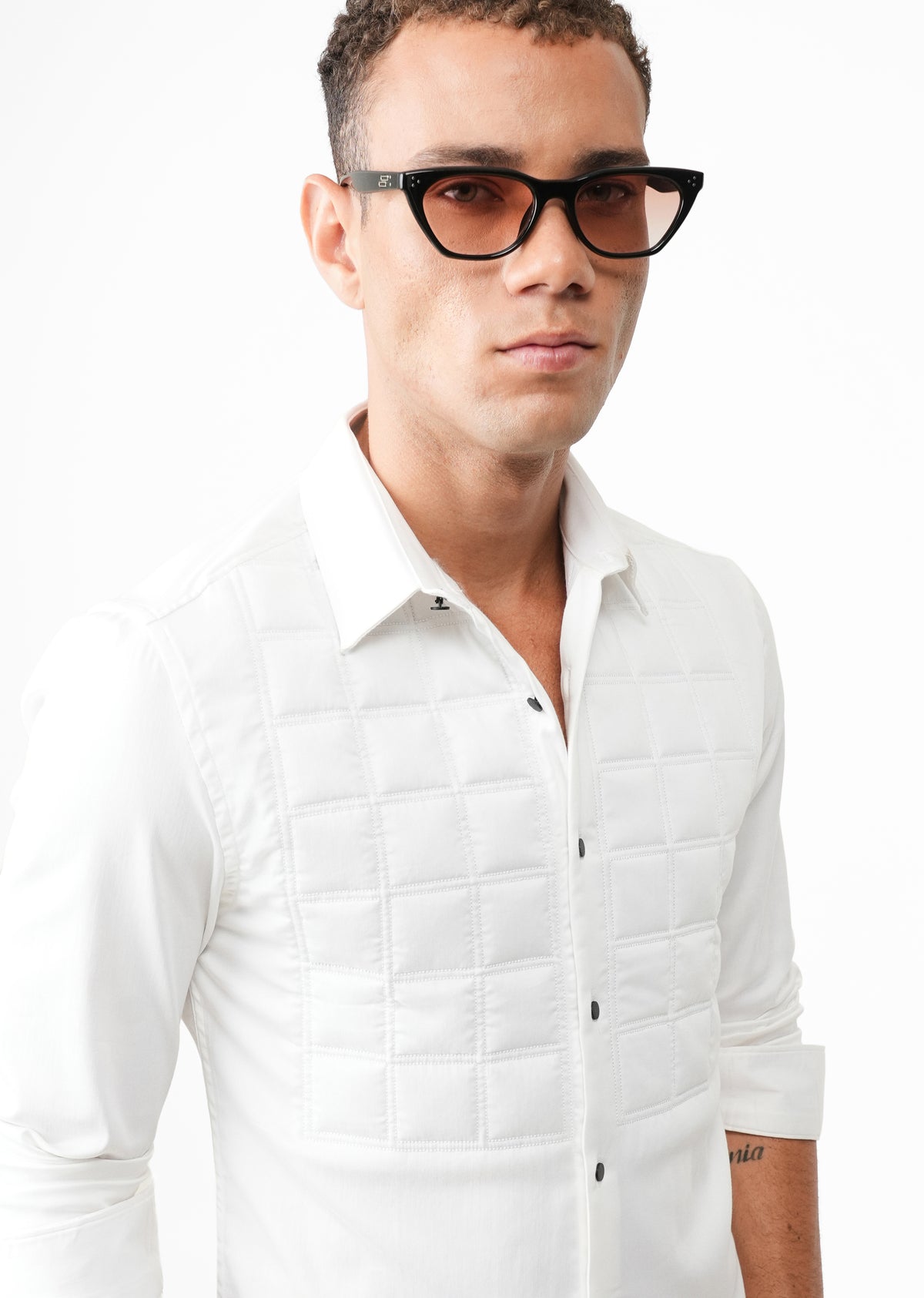 White Padded Checked Designer Shirt