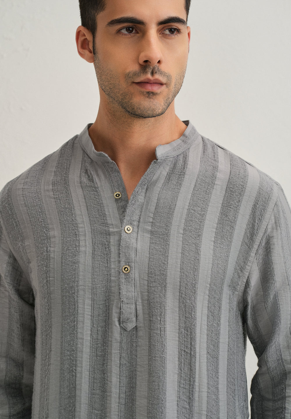 Grey Textured Vertical Stripe Kurta
