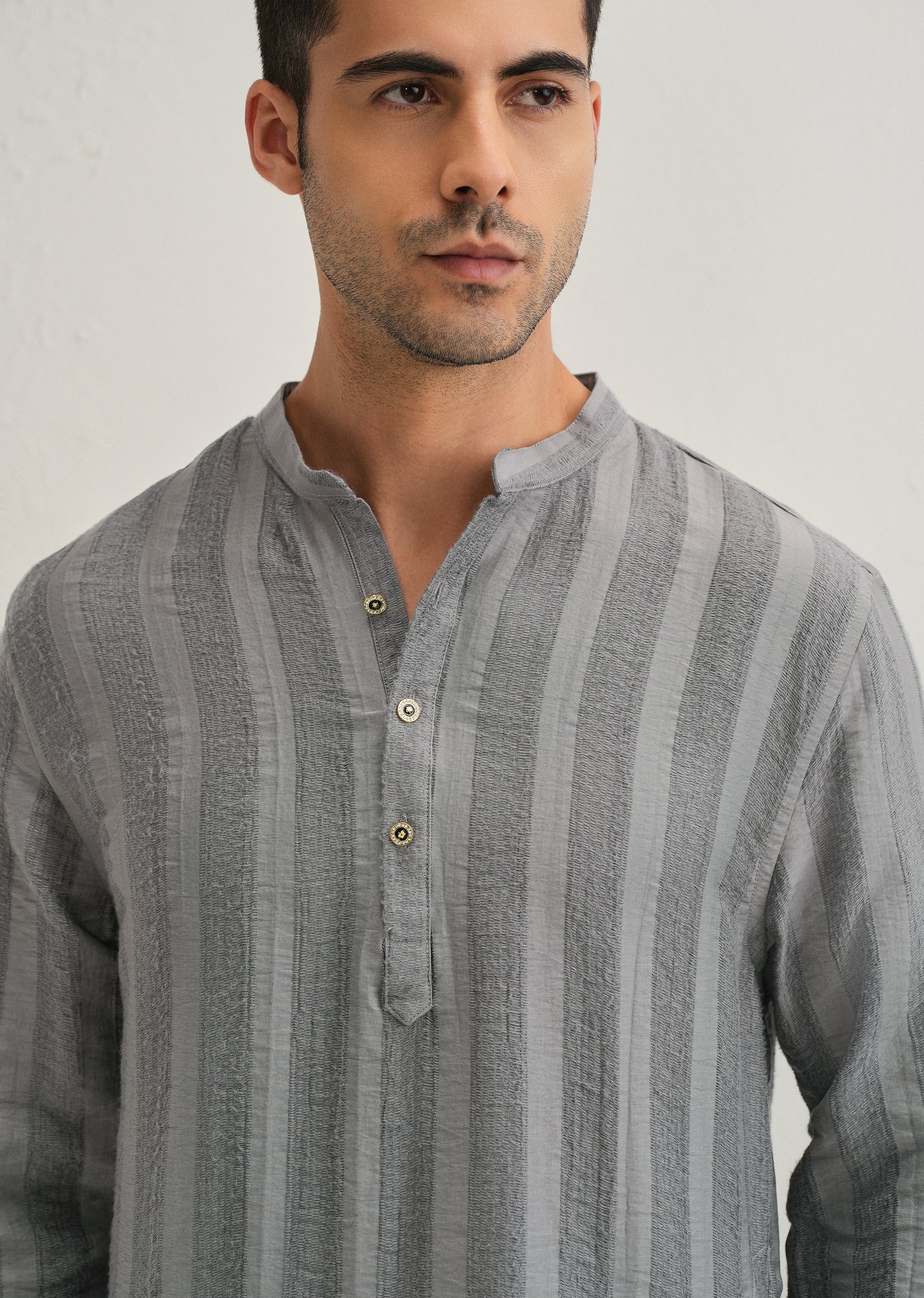 Grey Textured Vertical Stripe Kurta