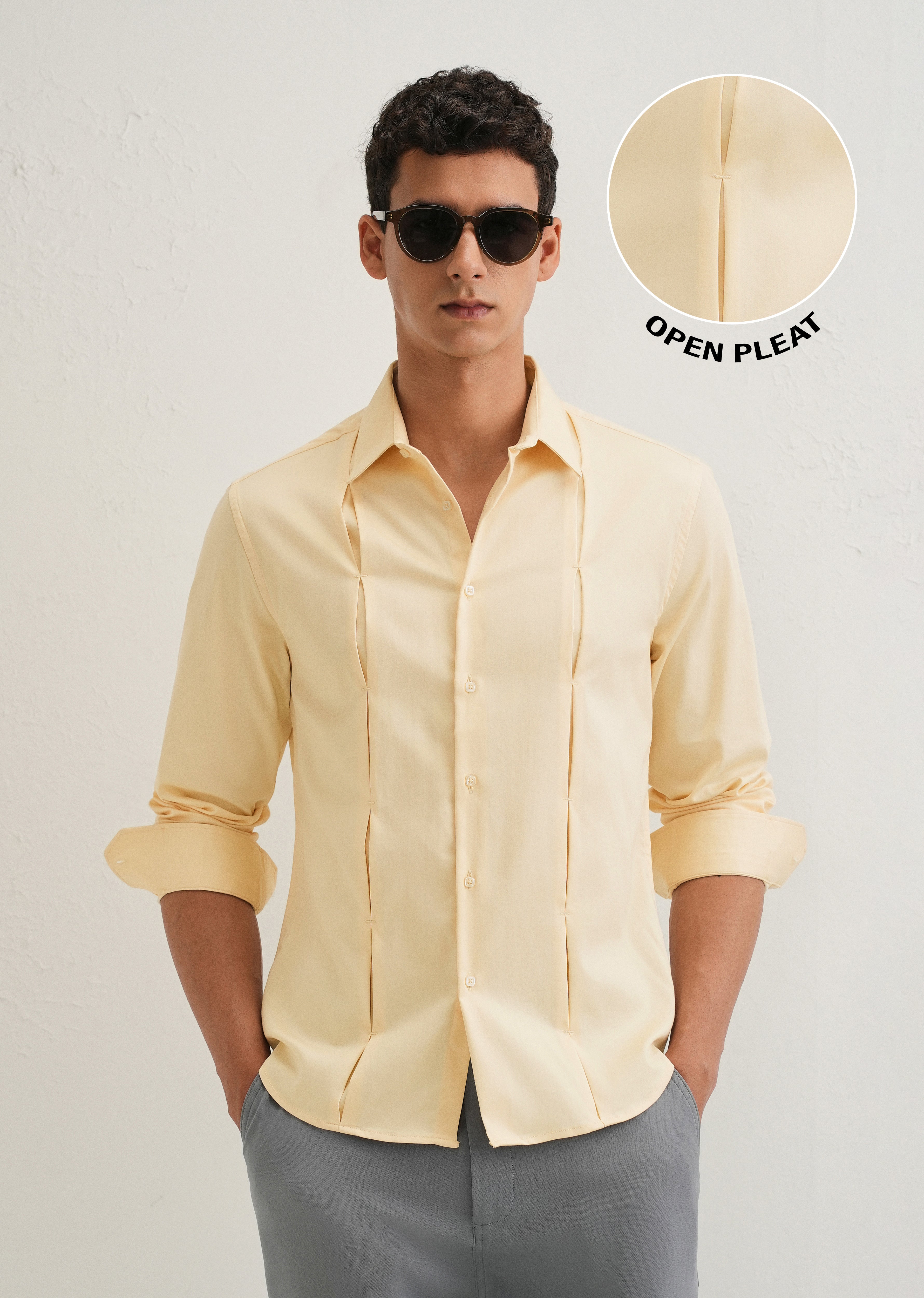 Beige Front Panel Open Pleat Shirt
