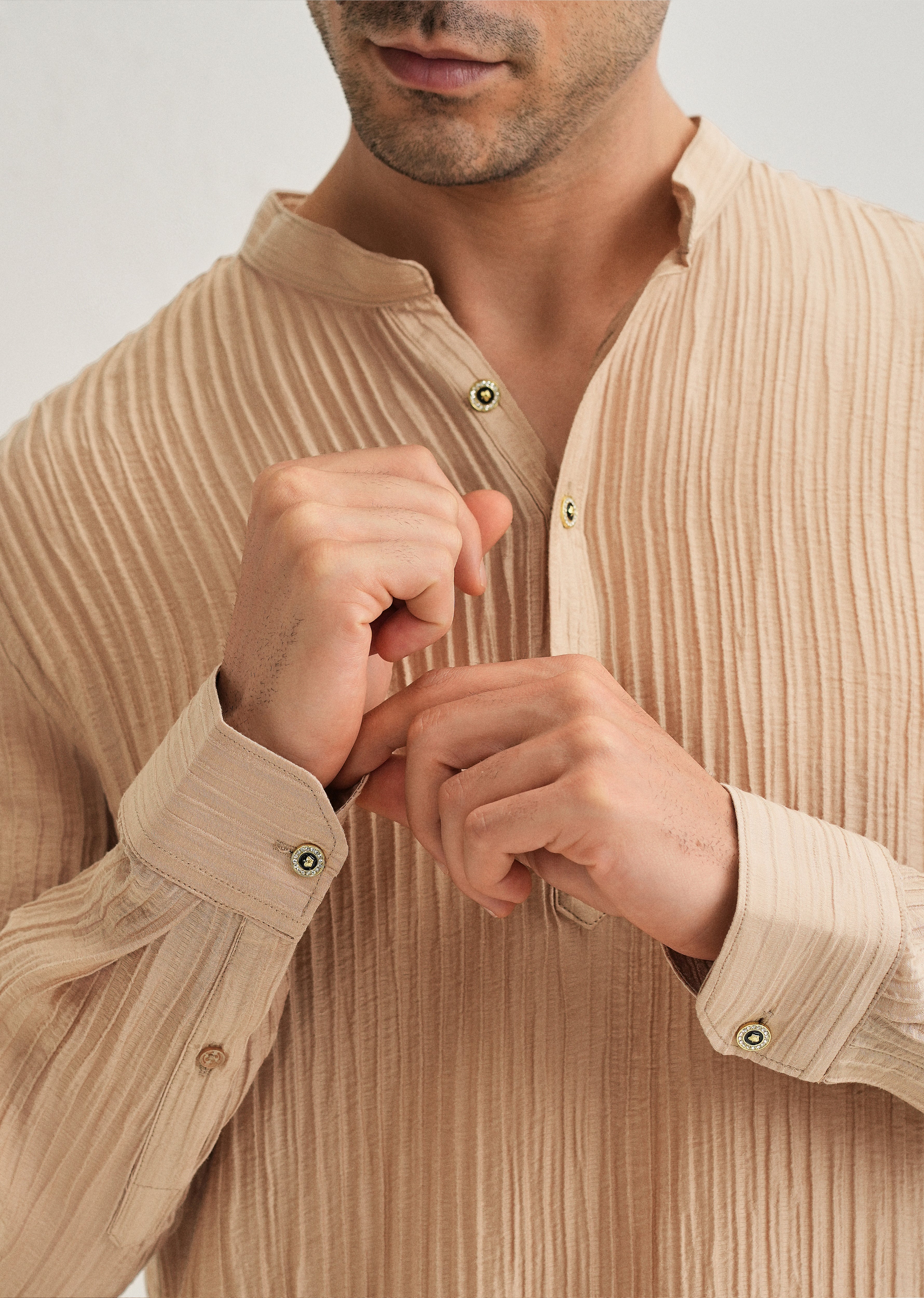 Sand Brown Crinkled Stripe Kurta