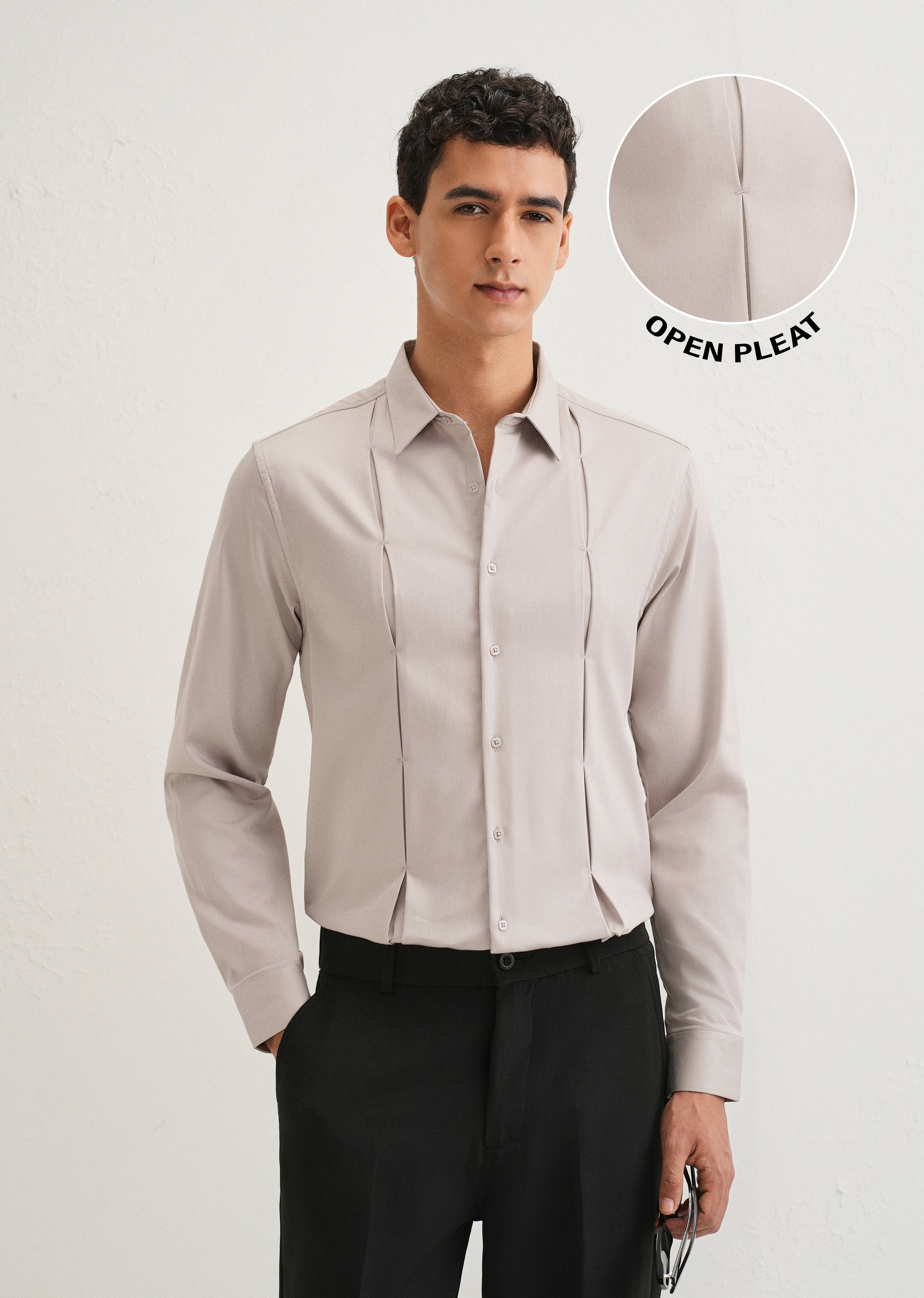 Mink Gray Front Panel Open Pleat Shirt