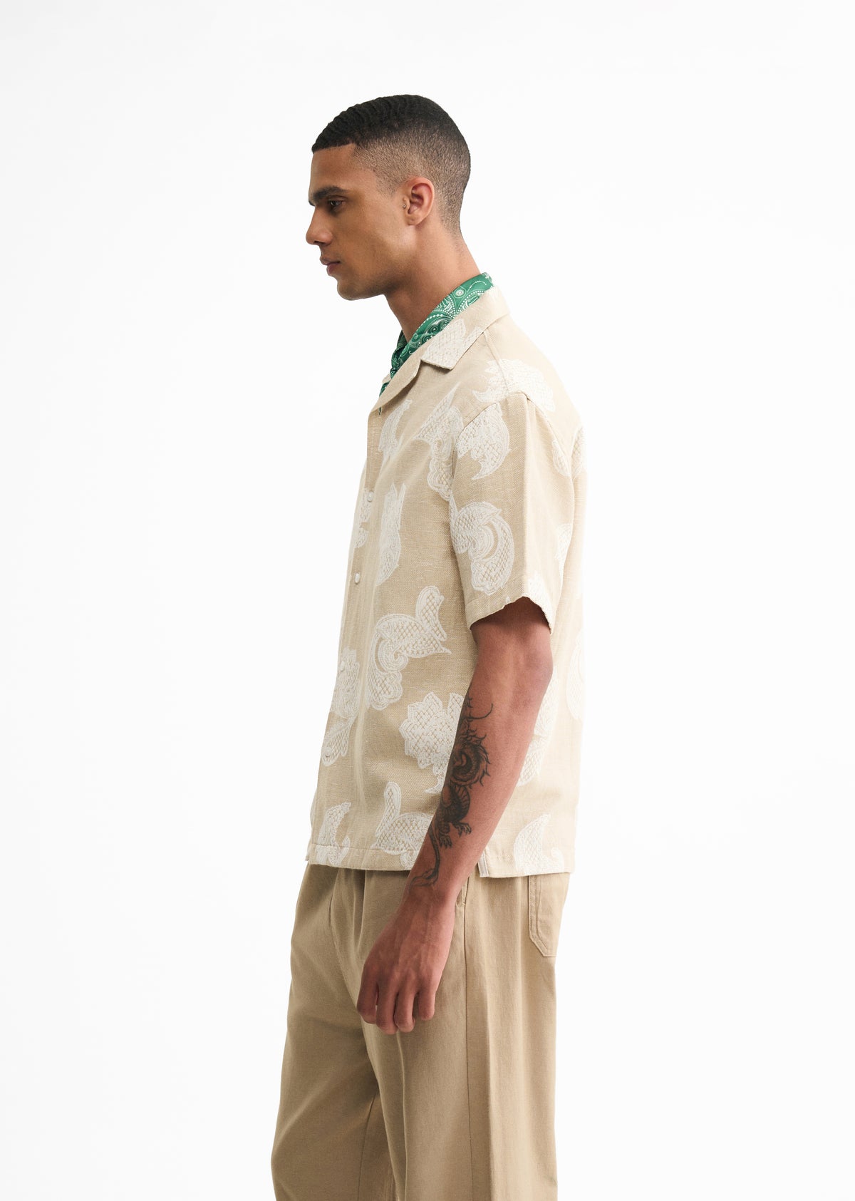 Beige Jacquard Floral Boxy Shirt