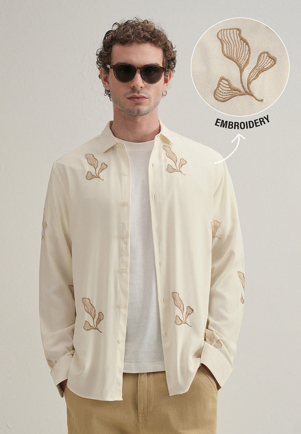 Cream Leaf Motif Embroidery Shirt