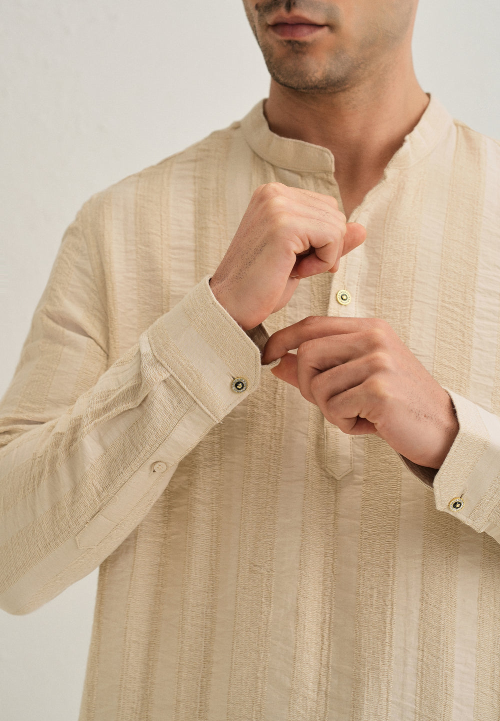 Beige Textured Vertical Stripe Kurta