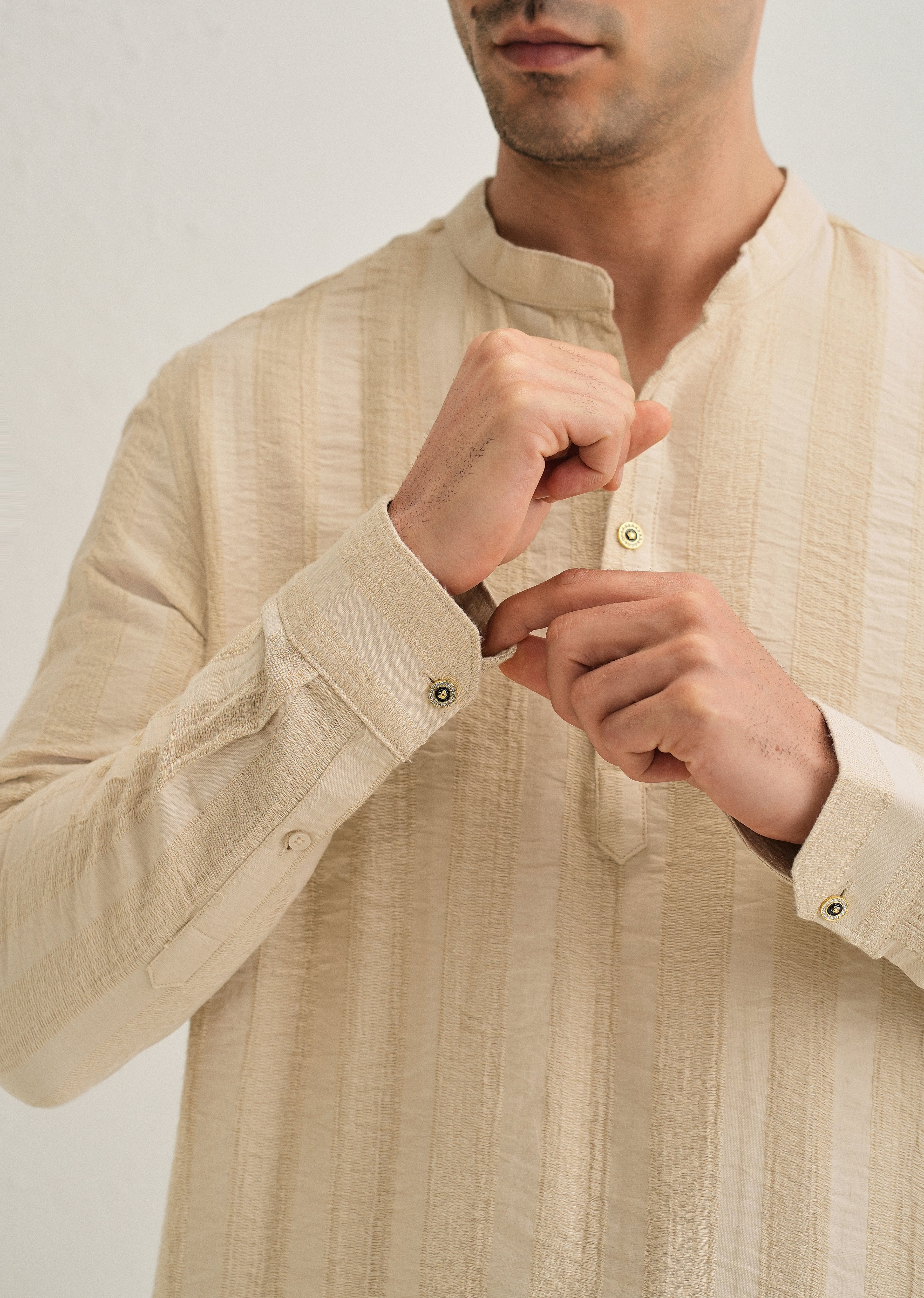 Beige Textured Vertical Stripe Kurta