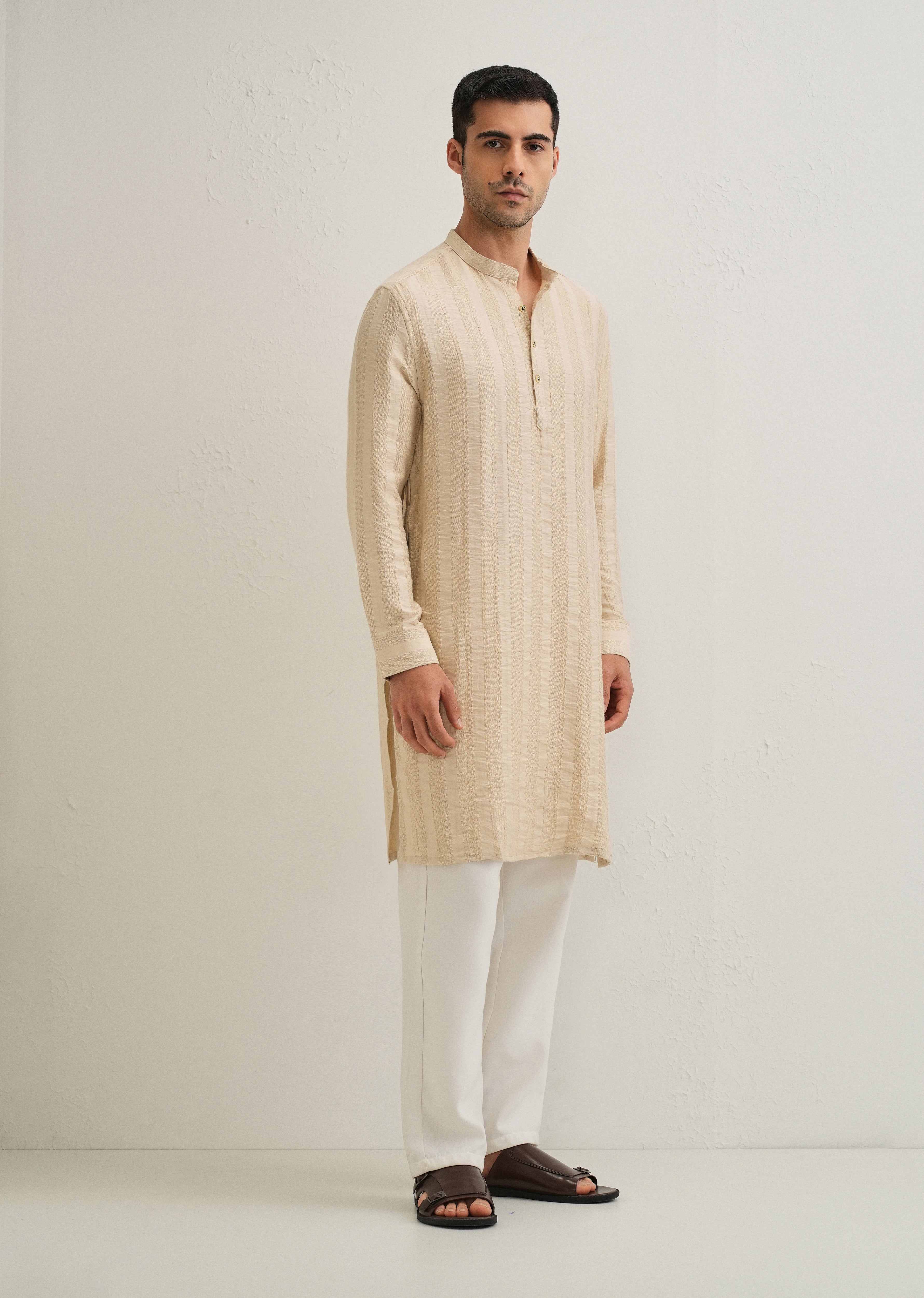 Beige Textured Vertical Stripe Kurta
