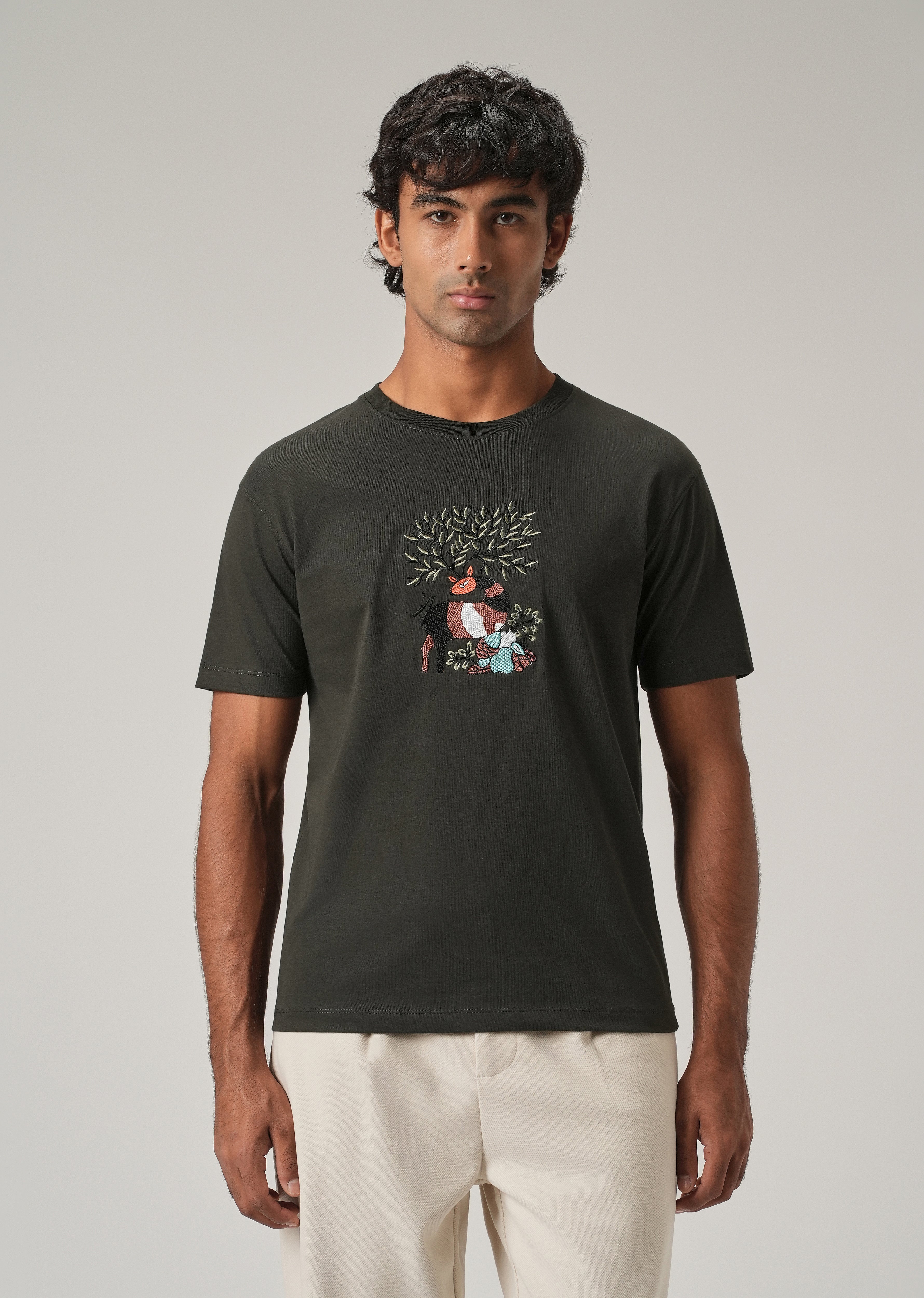 Dark Olive Chest Embroidered Slim Fit T-Shirt