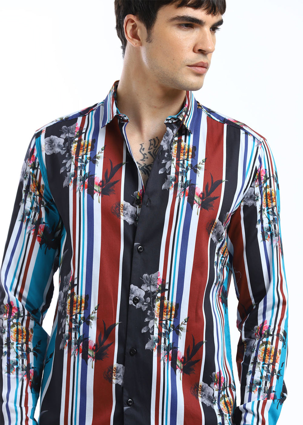 Blue Floral Striped Printed Shirt