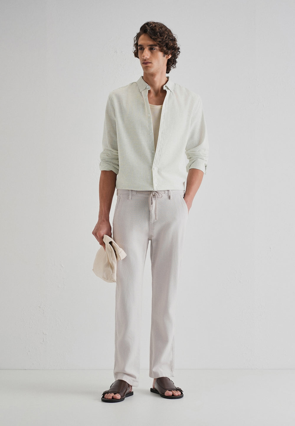 Green Micro Striped Blended Linen Shirt