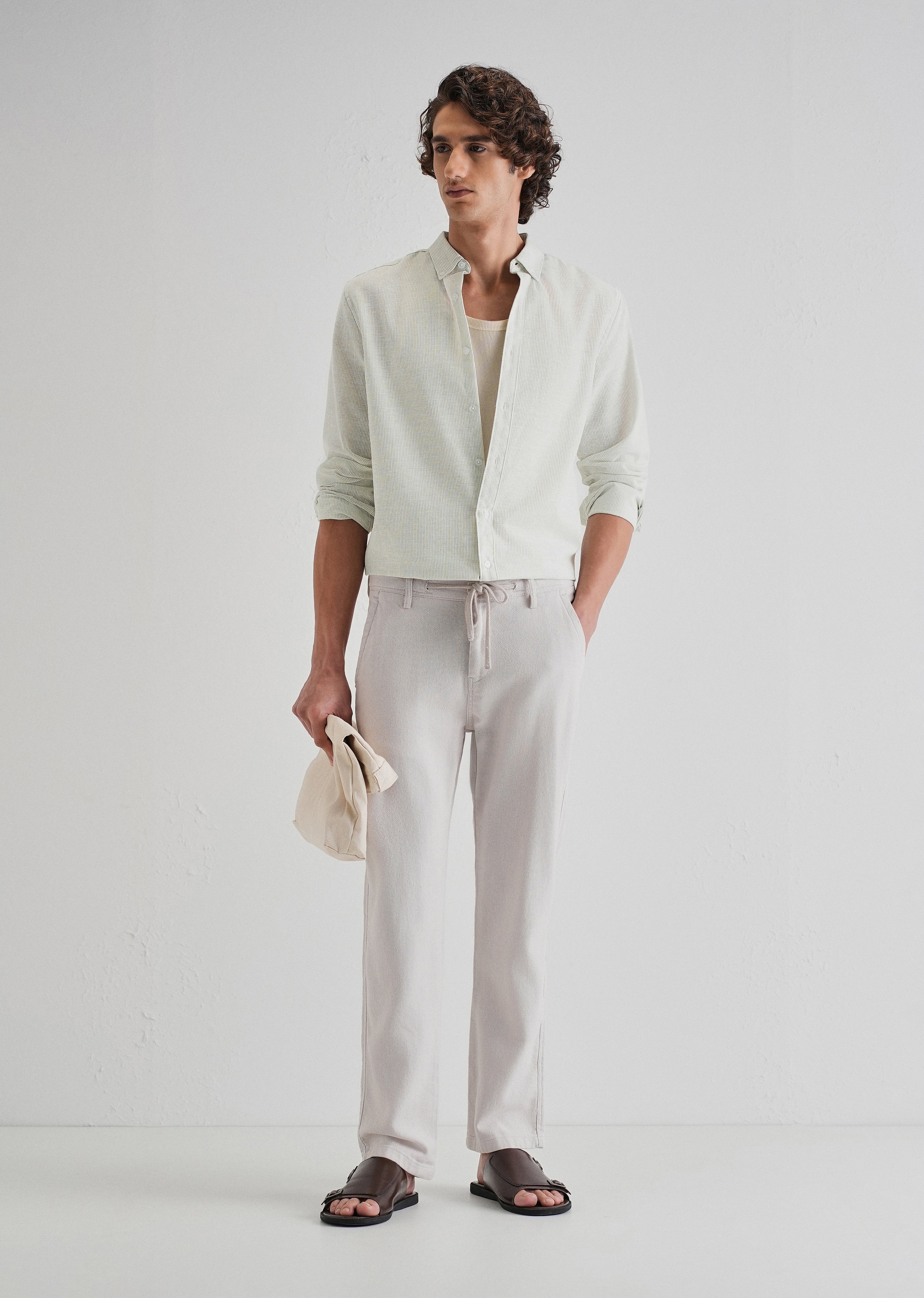 Green Micro Striped Blended Linen Shirt