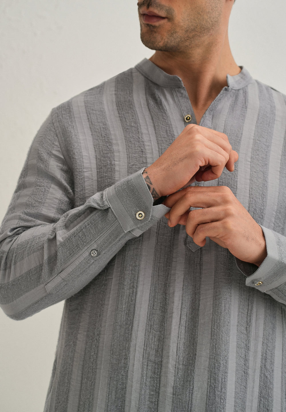 Grey Textured Vertical Stripe Kurta