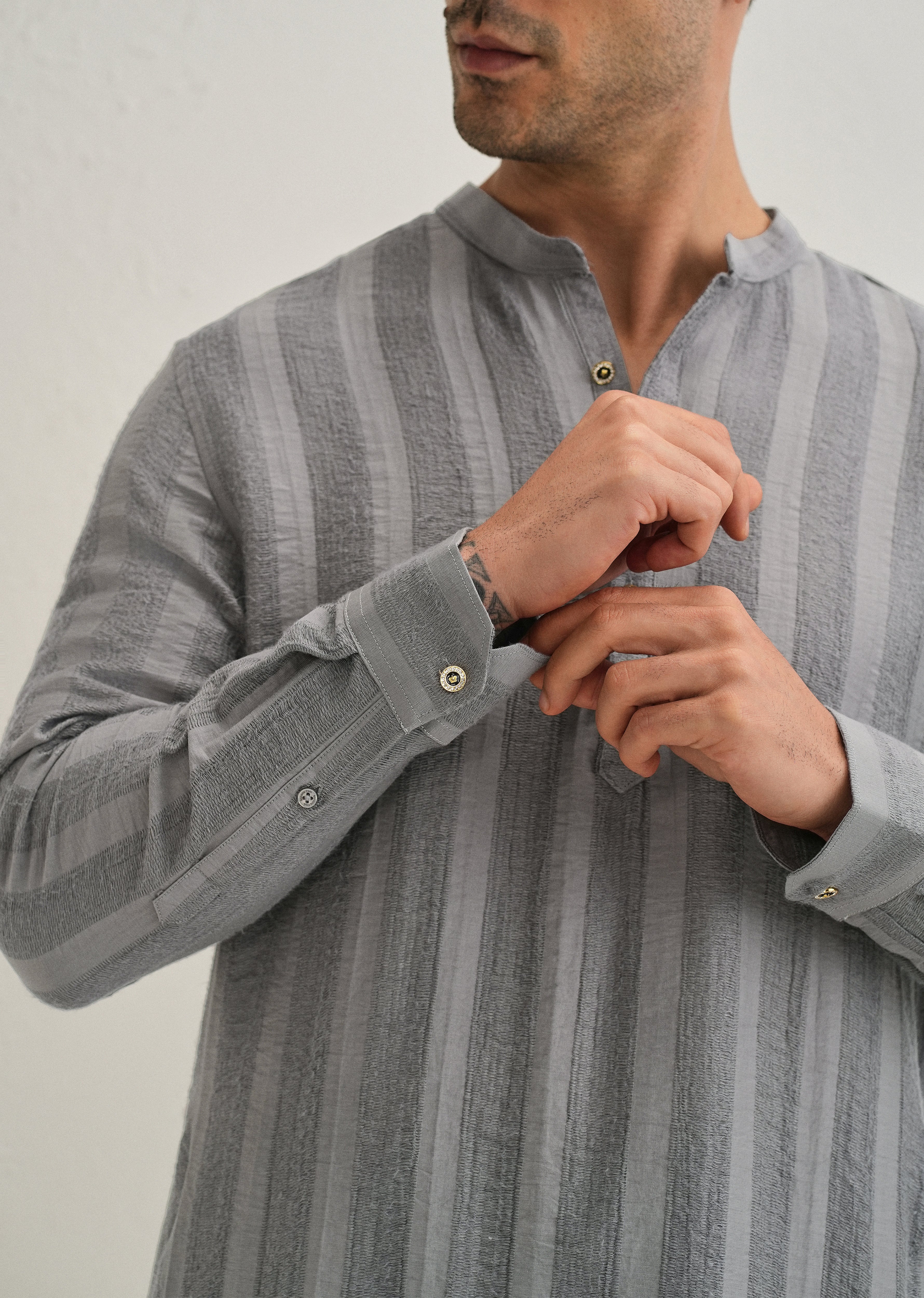 Grey Textured Vertical Stripe Kurta