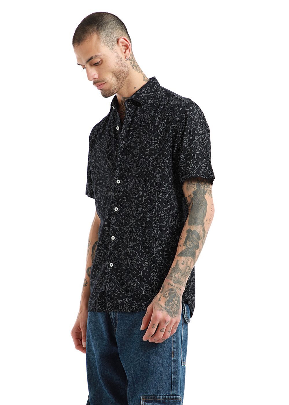 Emblematic Black Leaf Print Half Sleeve Shirt