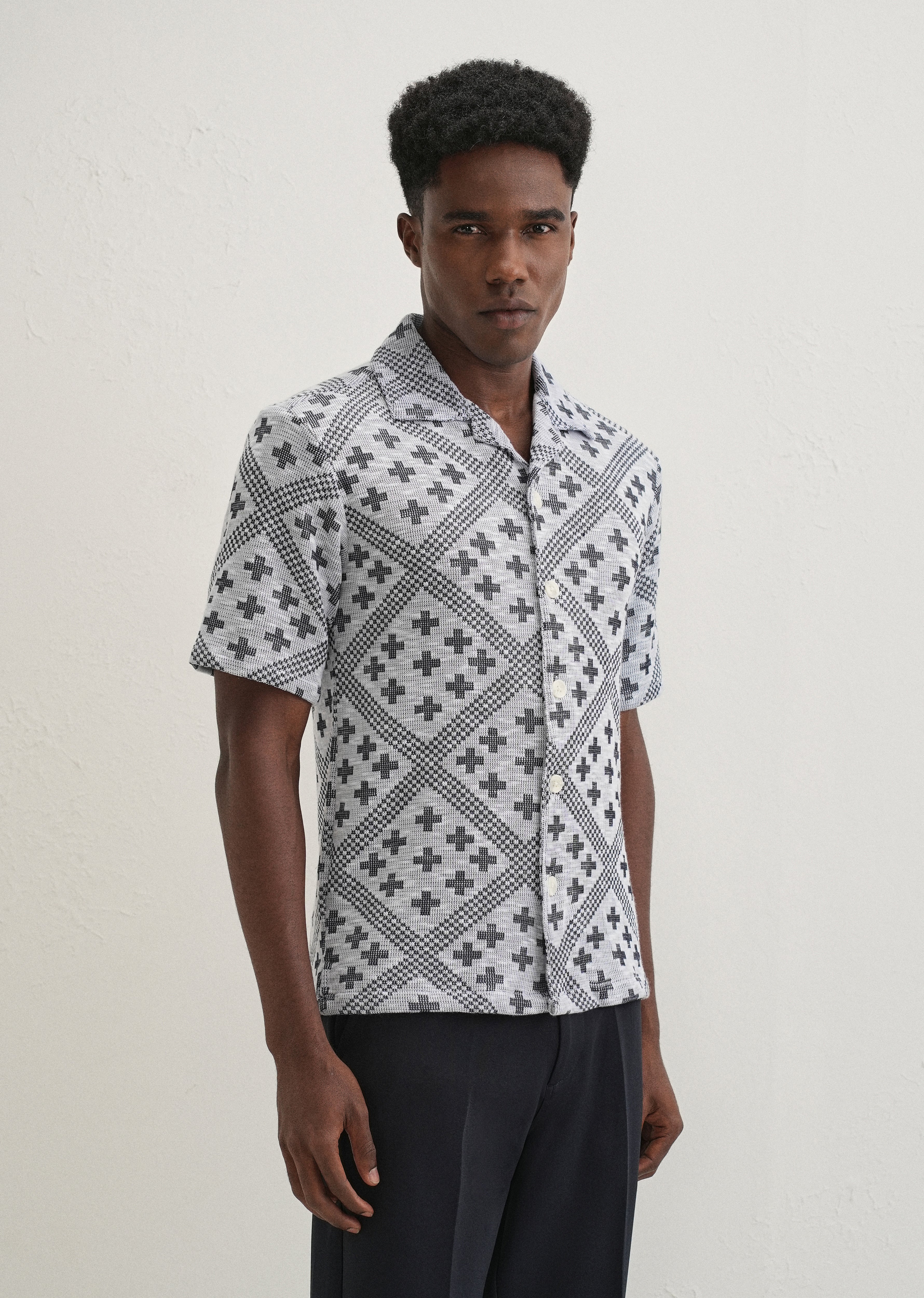 Dark Blue Jacquard Knitted Shirt