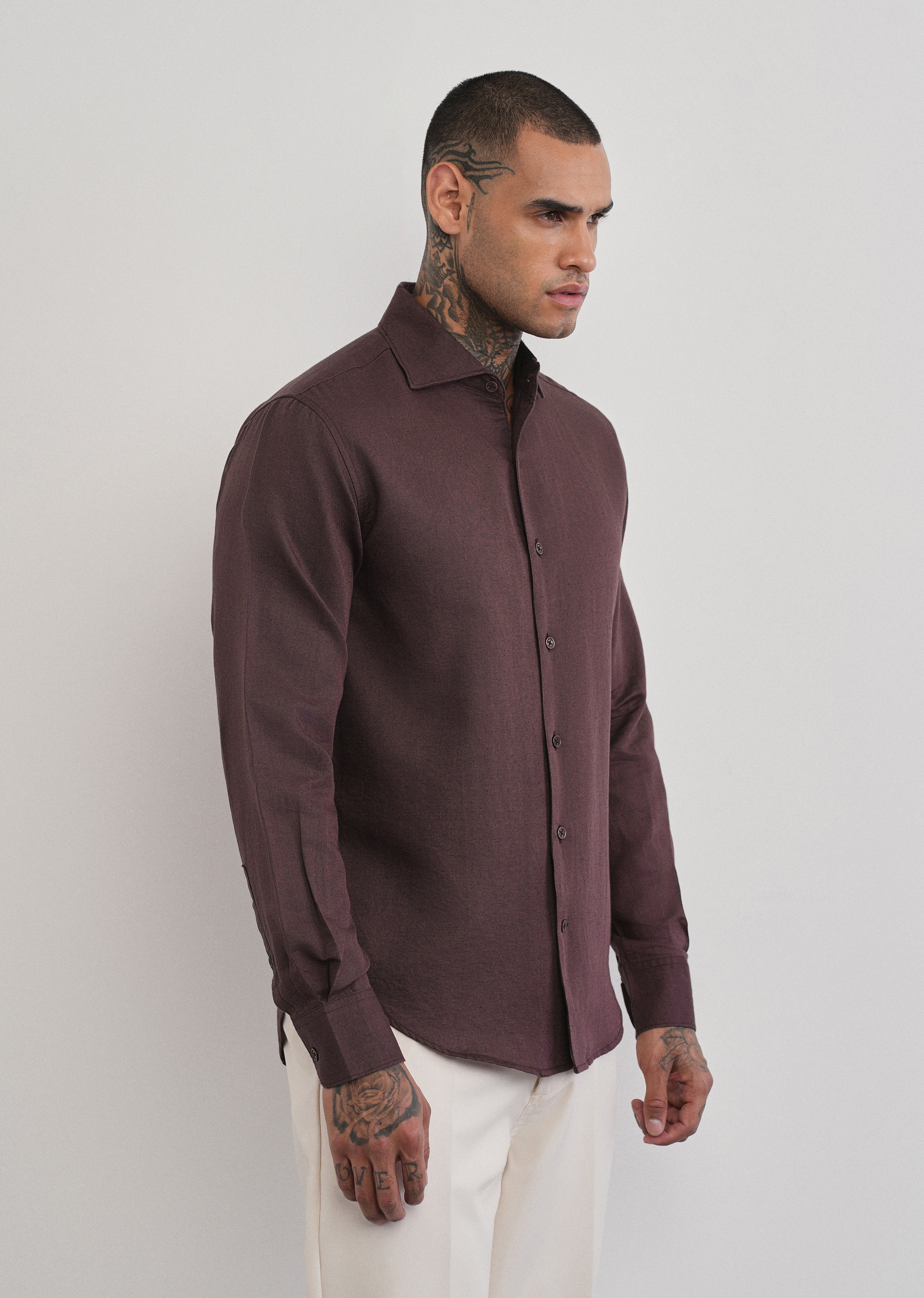 Wine Plain Cotton Linen Shirt