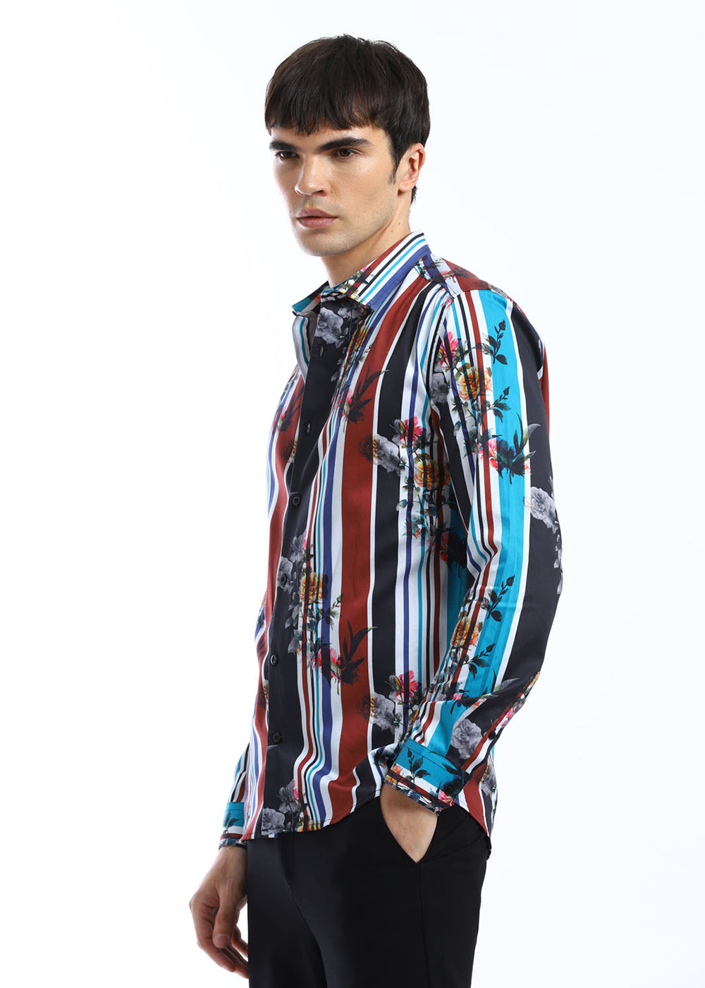 Blue Floral Striped Printed Shirt