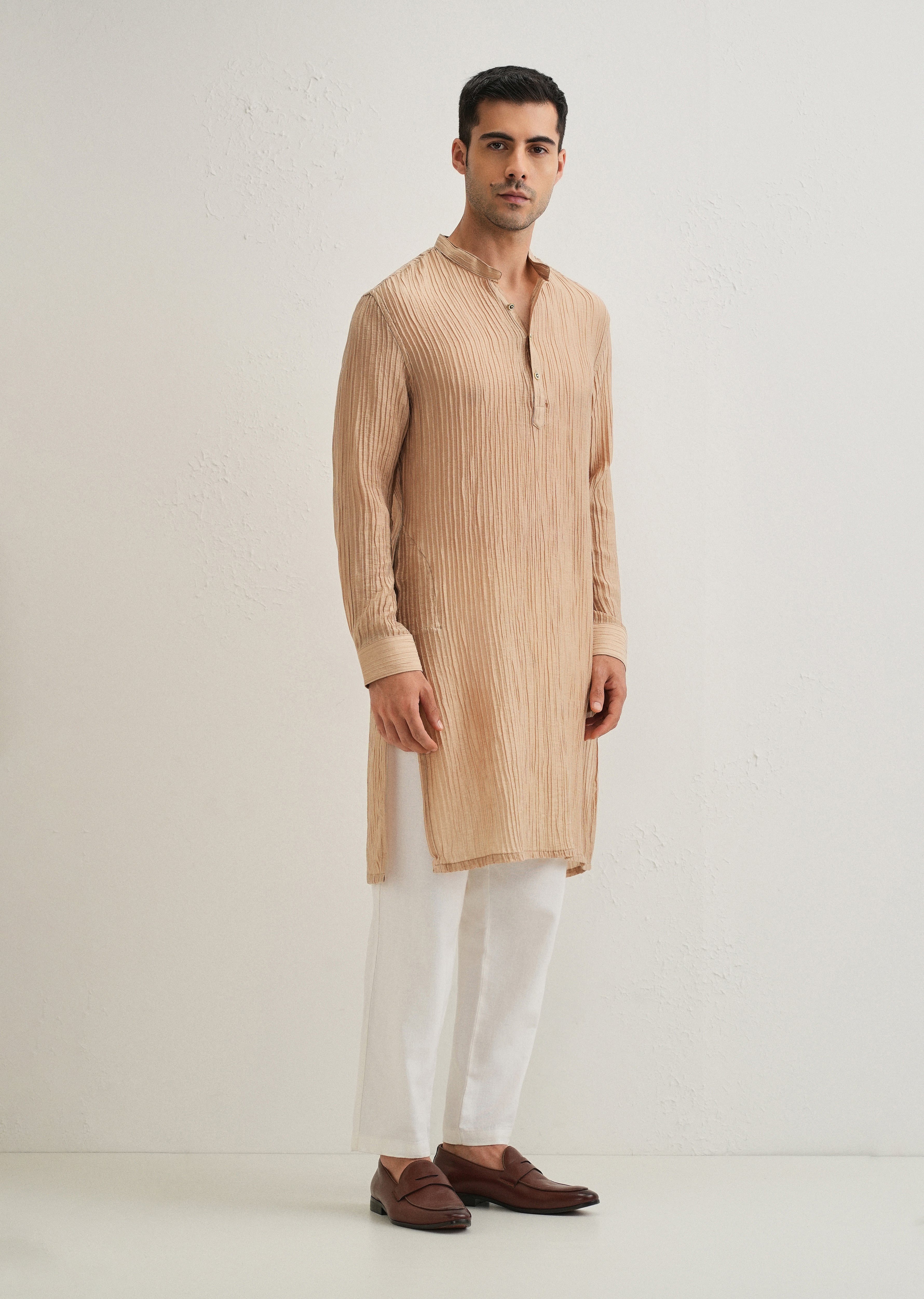 Sand Brown Crinkled Stripe Kurta