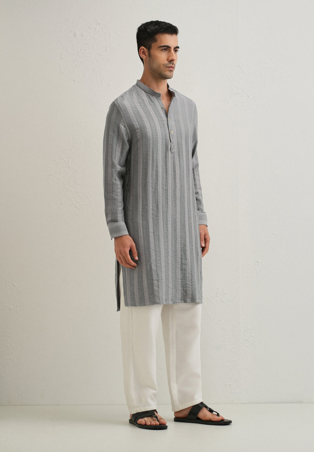 Grey Textured Vertical Stripe Kurta