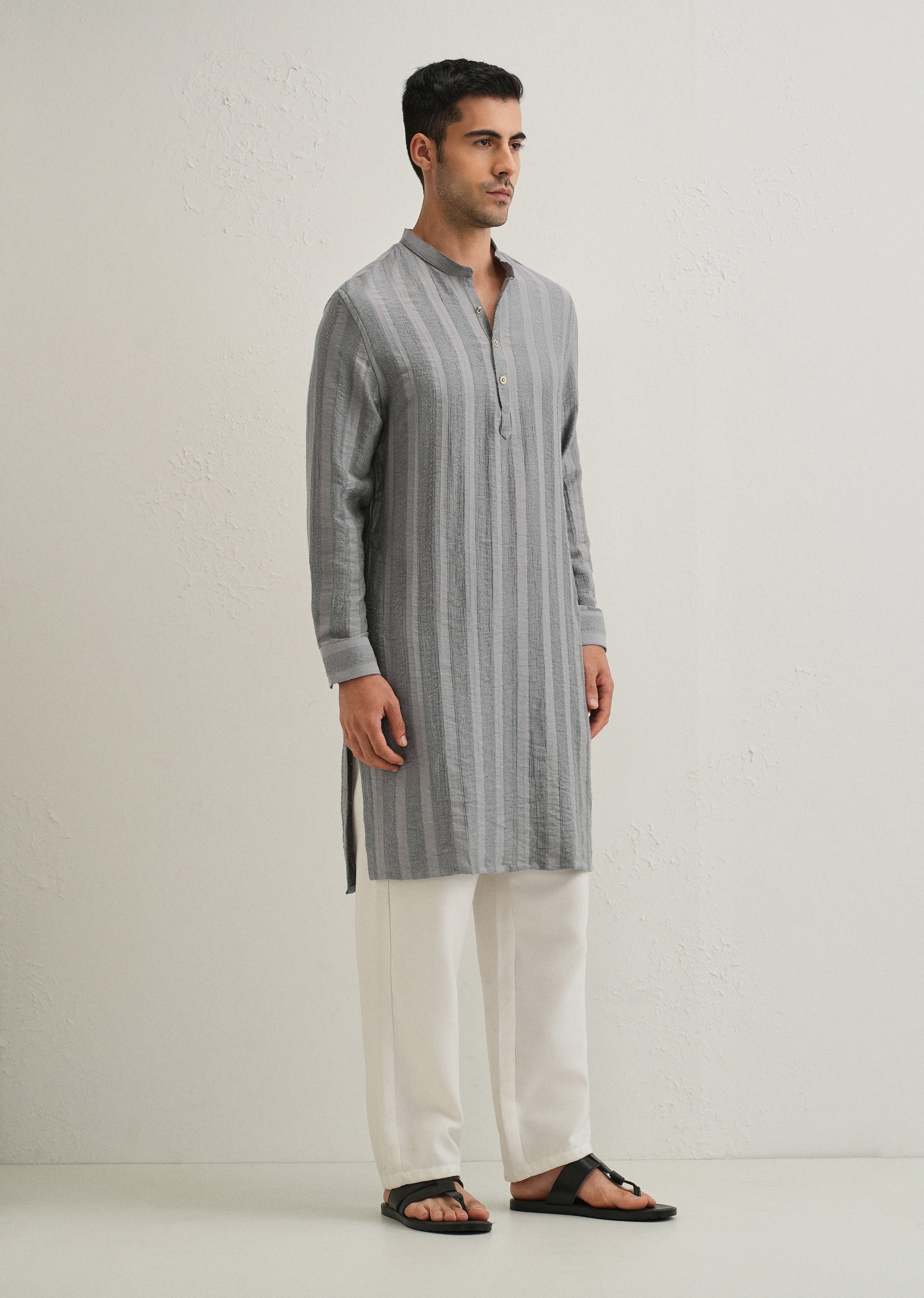 Grey Textured Vertical Stripe Kurta
