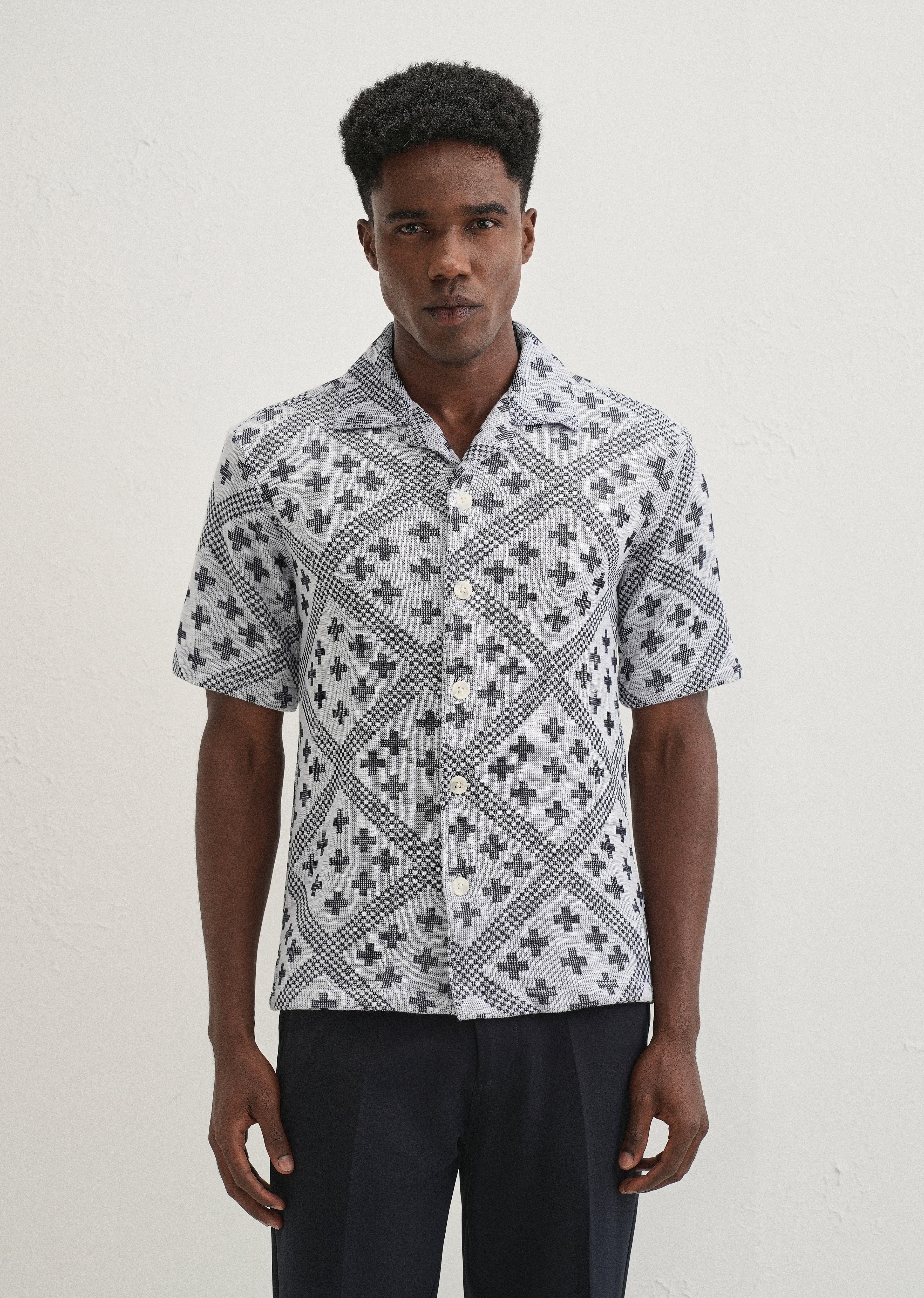 Dark Blue Jacquard Knitted Shirt